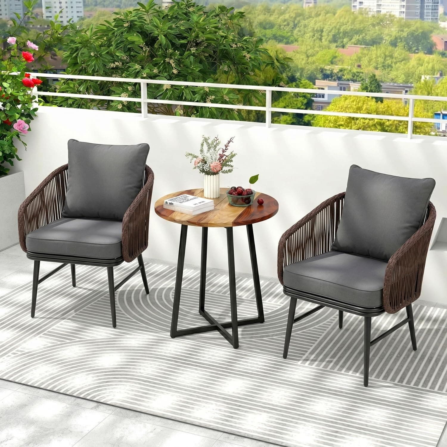 DEVOKO Outdoor 3 Pieces Wicker Patio Garden Furniture Set with Weather Resistant Rattan & Rust Proof Metal Frame Water repllent Cushions(Dark Brown & Dark Grey)