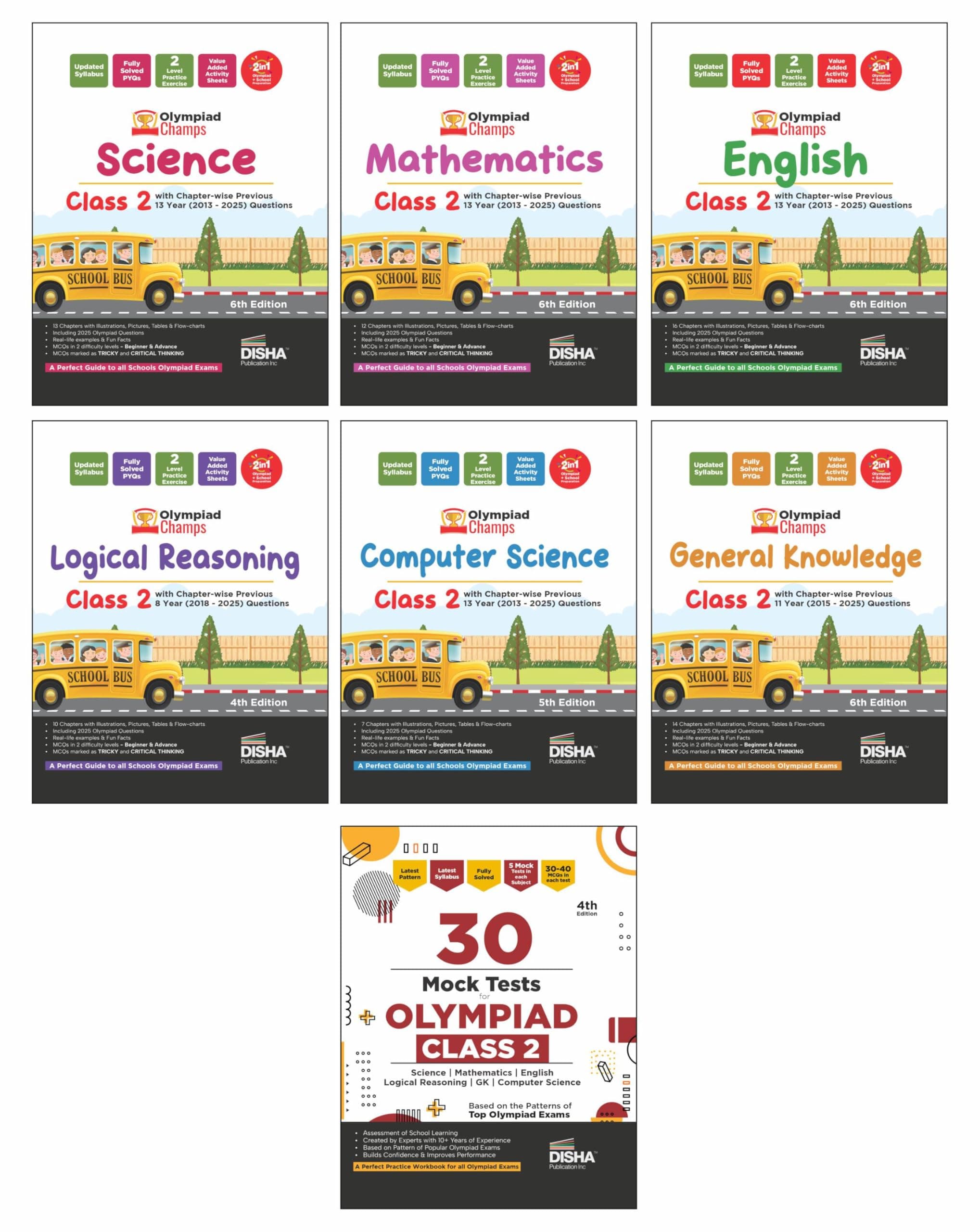 Disha Combo Class 2 (set of 7 books) Olympiad Champs Science, Mathematics, English, Logical Reasoning, Computer Science (Cyber) & GK with 30 Mock Tests 5th Edition