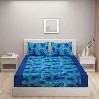 Swayam Printed Cotton Bedsheet with 2 Pillow Covers - King Size, Turquoise (DBS XL-6715)