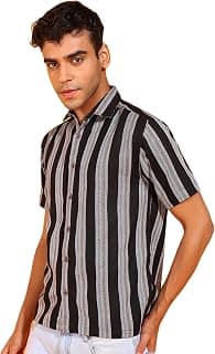 MILDIN Men's Cotton Blend Striped Printed Shirt with Spread Collared Neck Half Sleeve Button Closure Regular Fit Straight Standard Length | Shirts for Men Stylish