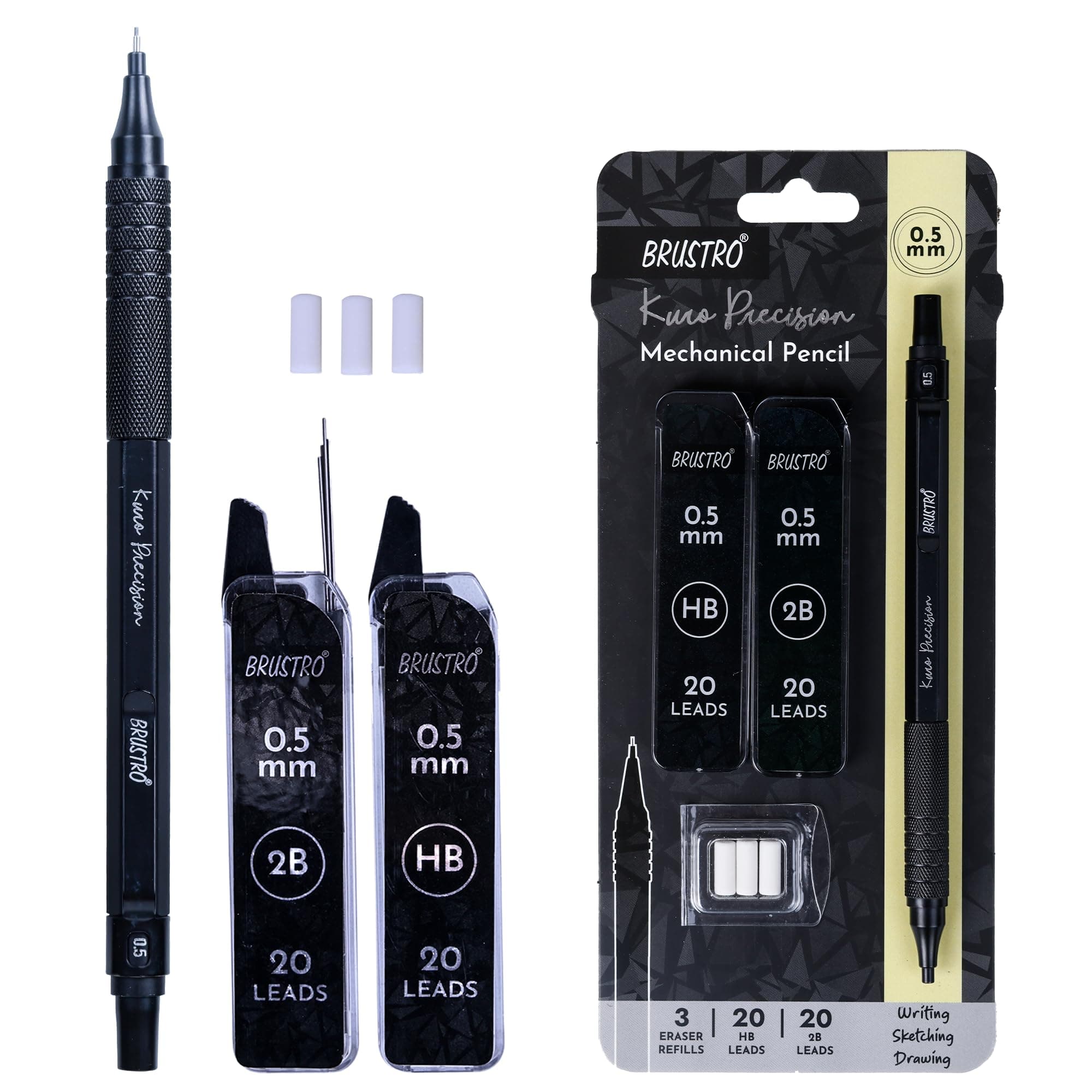 BRUSTRO Kuro Precision Mechanical Pencil | Tip Size - 0.5mm With 20 - HB and 20-2B leads, 3 Eraser Refills| Ideal For Writing, Sketching, Drawing, Mandala Arts and Fine Art Students