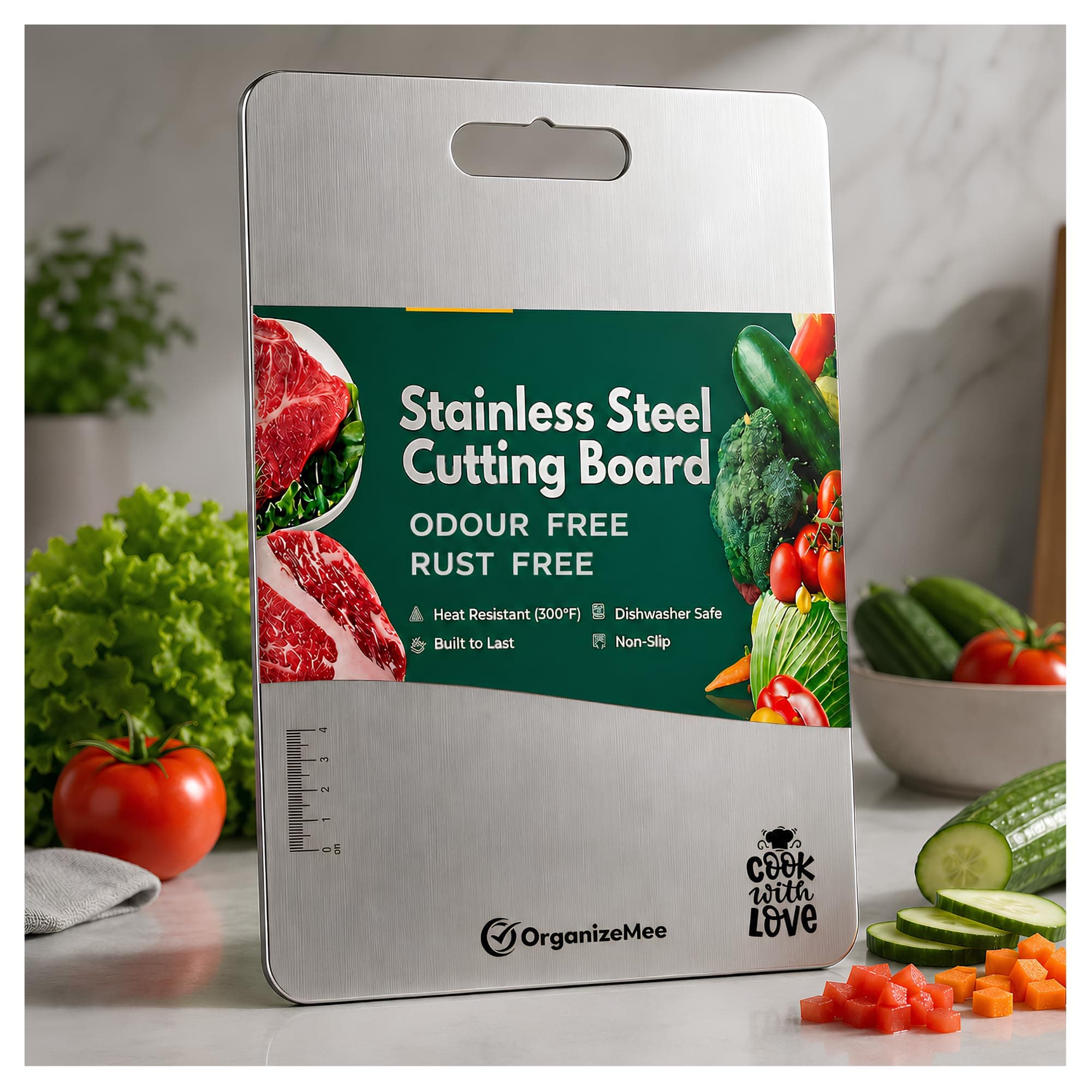 OrganizeMee Stainless Steel Chopping Board for Kitchen Heavy-Duty Cutting Board for Vegetables, Fruits Cutter, Meats, vegitable Chopper Boards, Premium Metal Chopping Board (Medium)(31.8CM X 21CM)