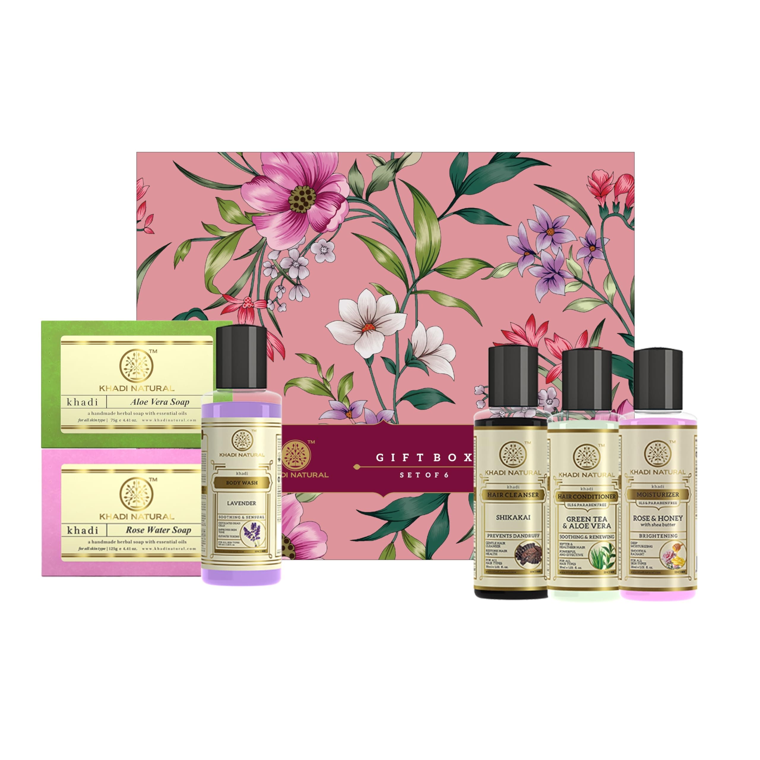 Khadi Natural Herbal Gift Box | Personal Care Gift Set with Rose Water Soap, Aloe Vera Soap, Shikakai Hair Cleanser, Green Tea & Aloe Vera Conditioner, Lavender & Ylang Ylang Body Wash & Rose Honey Moisturizer | Skin & Hair Care Combo | Set of 6