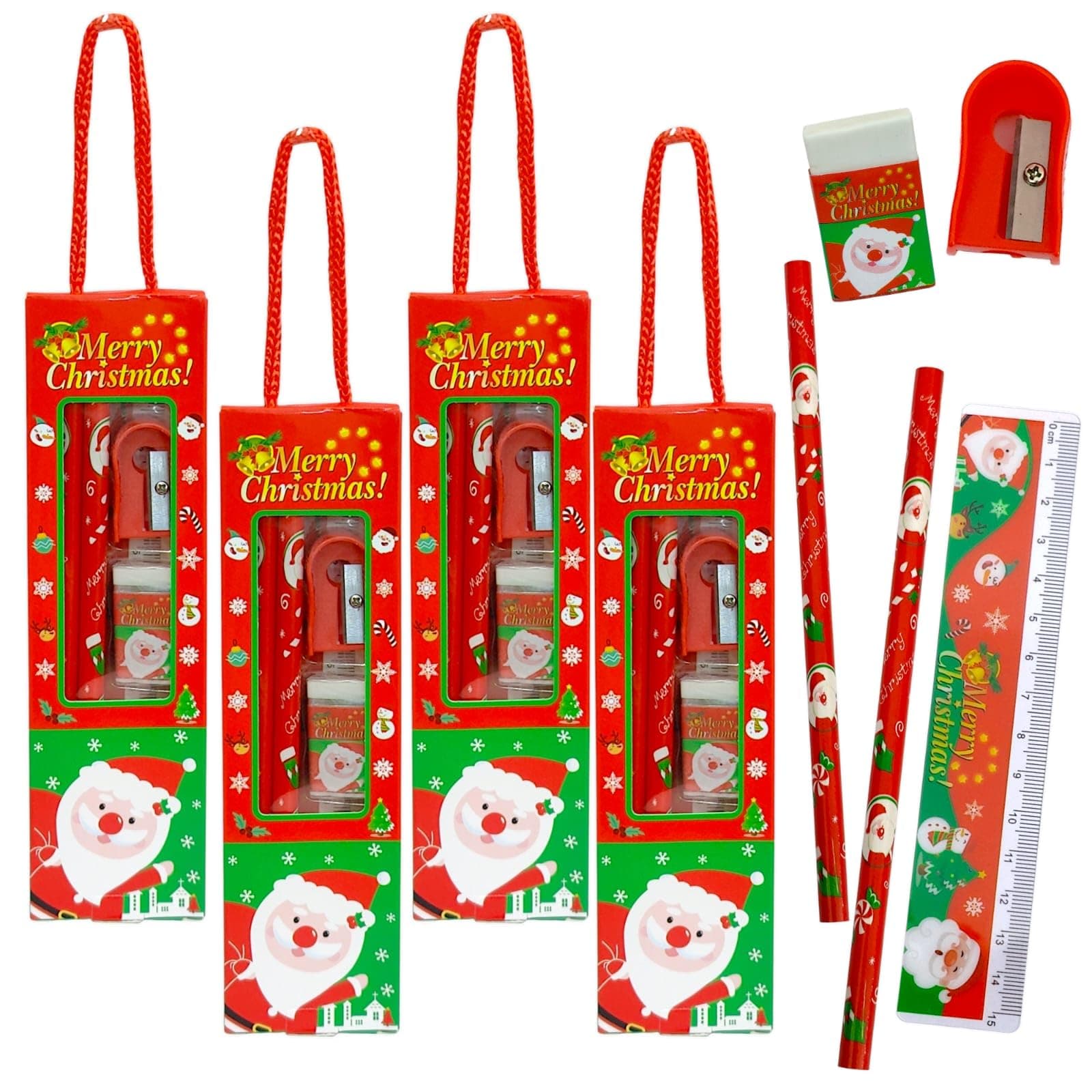TERA 13 Santa Claus Stationery Set For Kids, Christmas Stationery Combo Gifts Set, Christmas Theme Stationery Kit, Stationery Gift Set 2 Pencils, 1Eraser, 1 Sharpener, 1 Scale for Kids (Pack of 10)