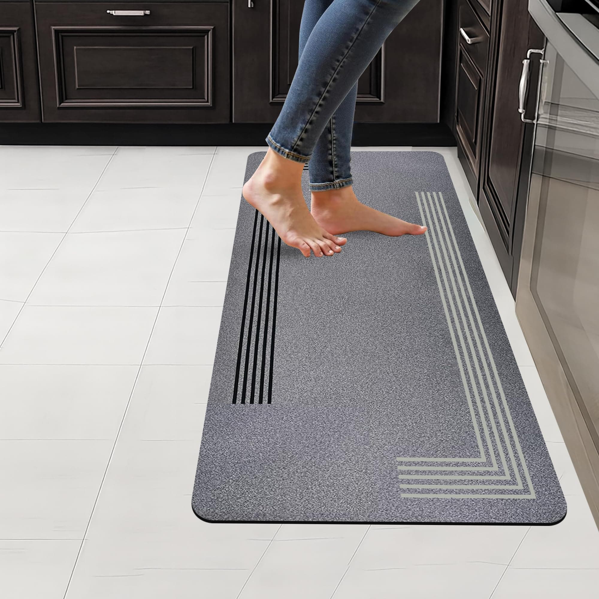 SITTELLA 45x100 cm Rectangular Anti-Skid Rubber Kitchen Mat Set – 3.5mm Thick Water Absorbent Carpet Floor Rug for Kitchen & Home Use, Grey
