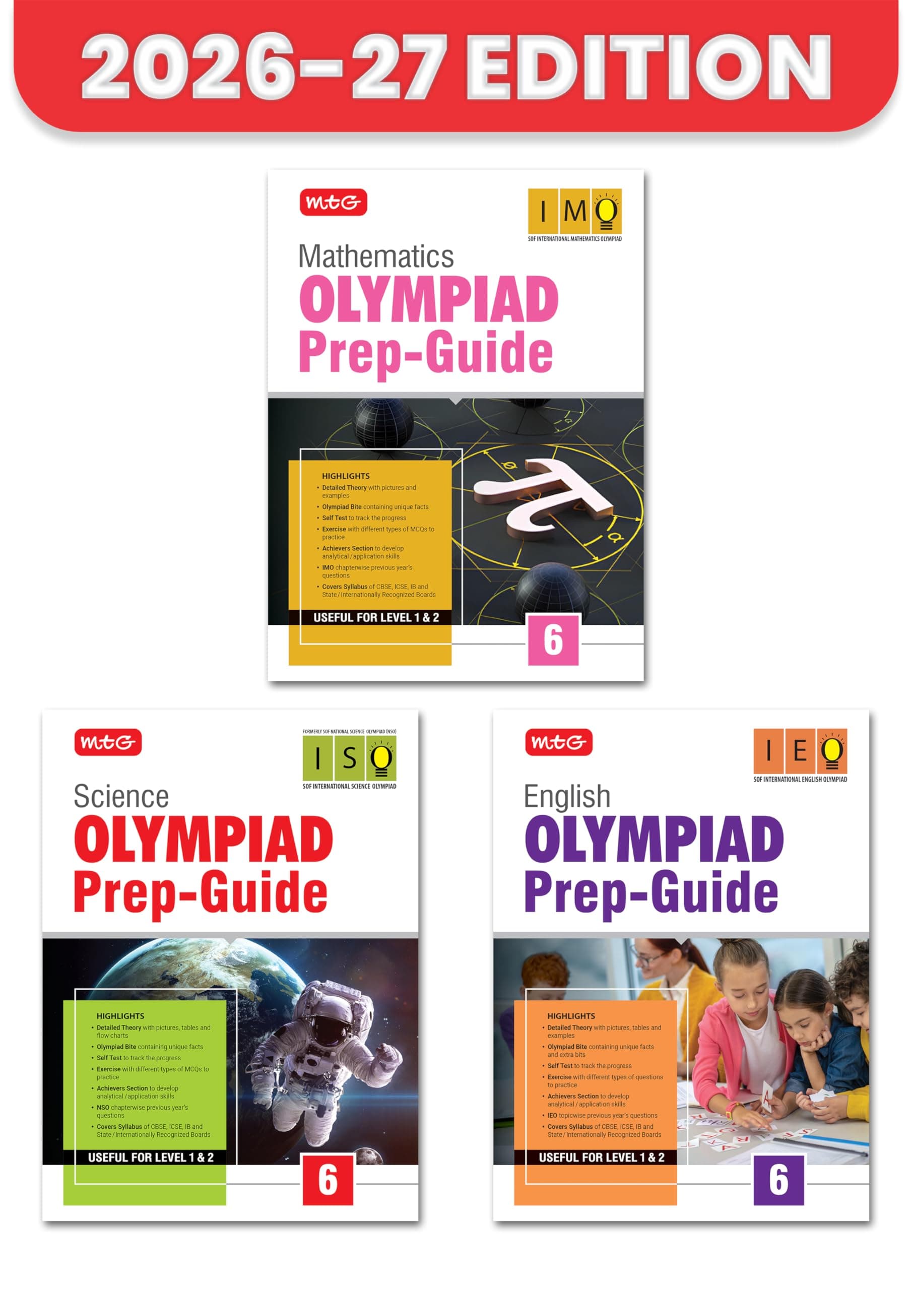 MTG Olympiad Prep Guide Class 6 Mathematics, Science & English (IMO-ISO-IEO) | Detailed Theory, Exercise with Self Test For Practice | SOF Olympiad Books For Exam 2026-27 (Set of 3 Books)