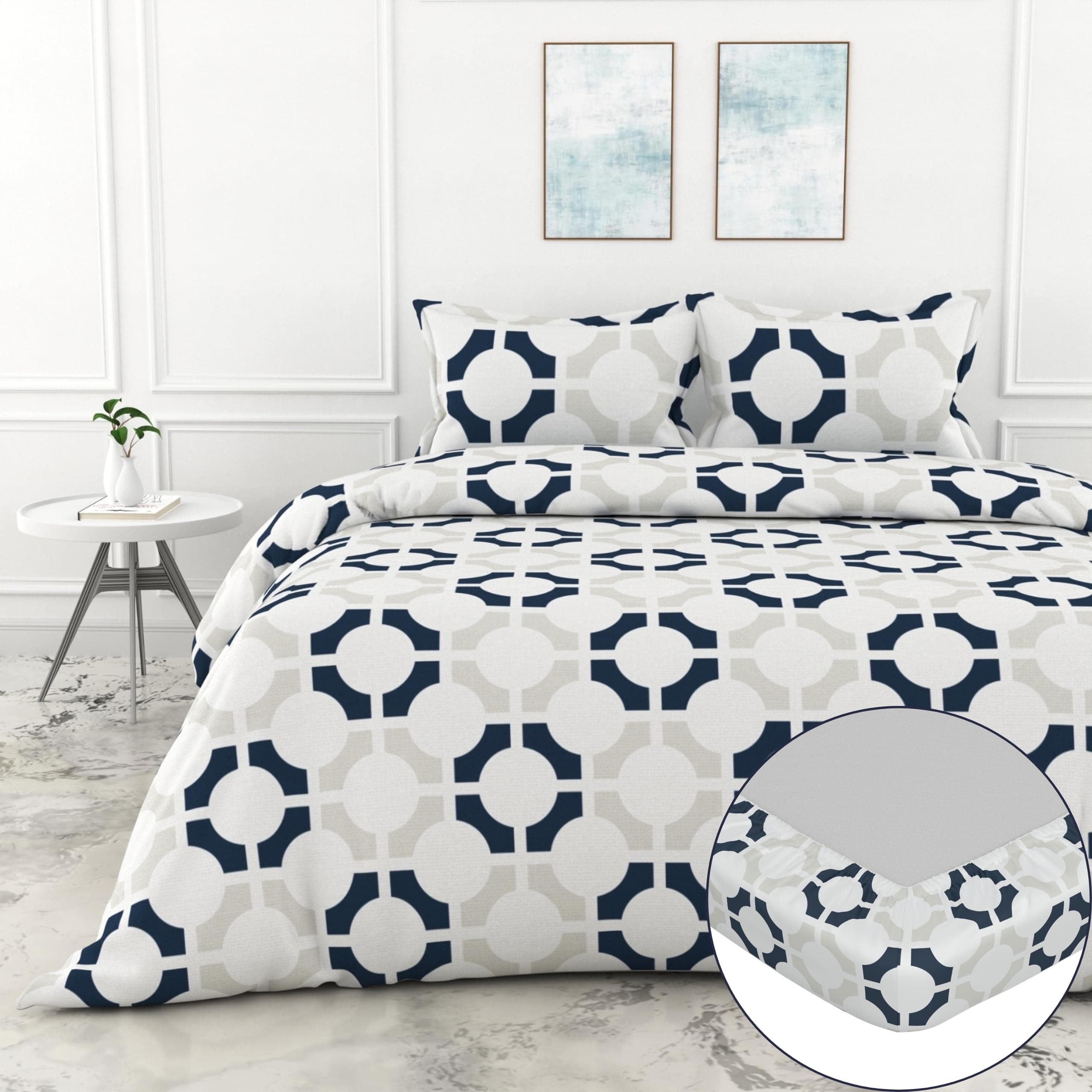 LORETO - A QUALITY LINEN BRAND 100% Cotton Elastic Fitted Bedsheets King Size Cotton with 2 Pillow Cover Printed Fitted Bed Sheet for King Size Mattress - 78 x 72 Inch, Colonial Blue Matrix