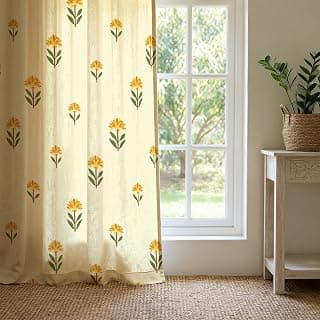 Urban Space 100% Cotton Floral Curtains 7 feet Long Set of 2, 60-65% Room Darkening, Decorative Curtains with Eyelets/Rings for Hanging, Tieback Included (Aster Yellow, Door - 7 Feet)