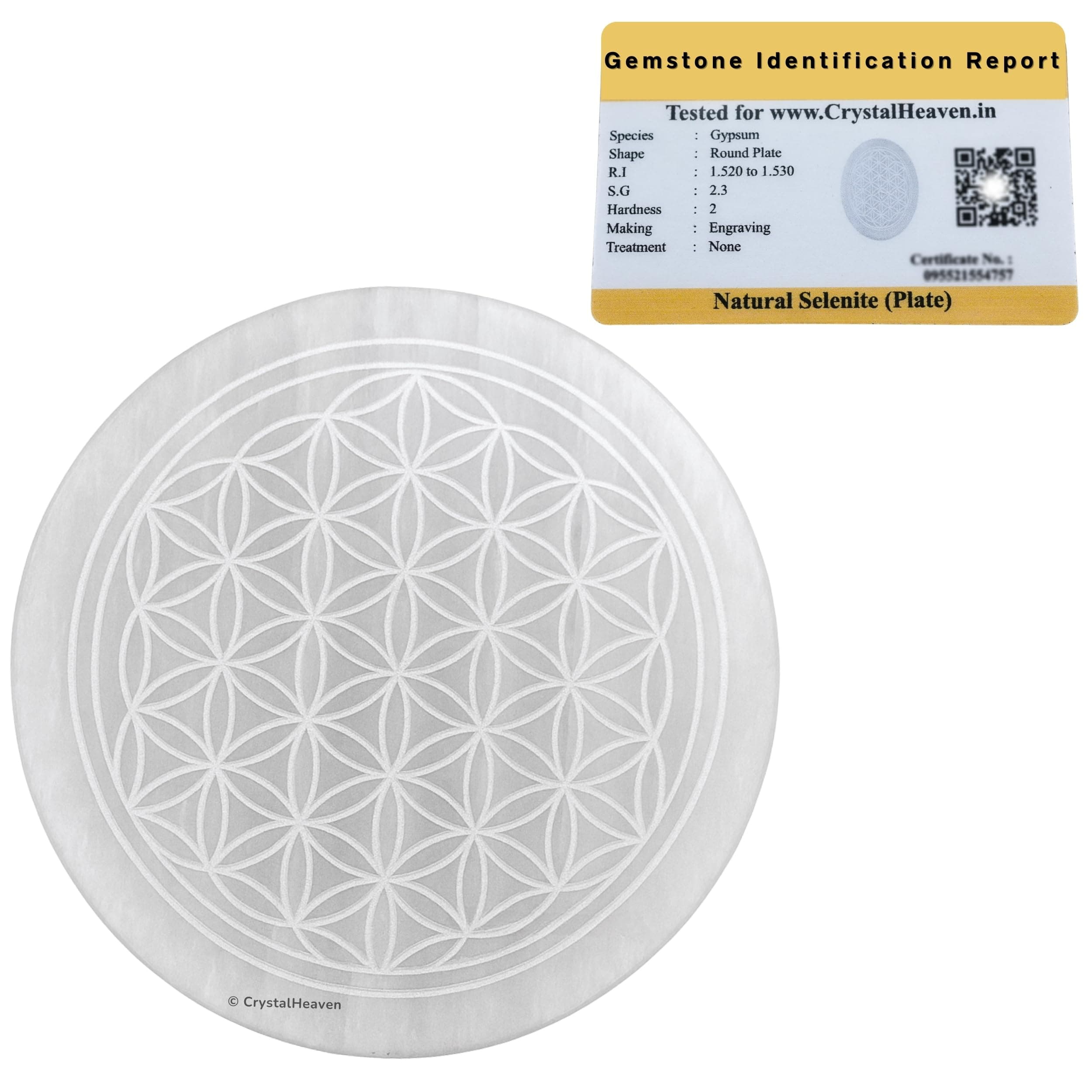 Crystal Heaven Selenite Crystal Charging Plate, 3 Inch Engraved Flower Of Life Selenite Plate For Crystal Cleansing Re-Energy Work, Meditation And Pooja - Flower Of Life