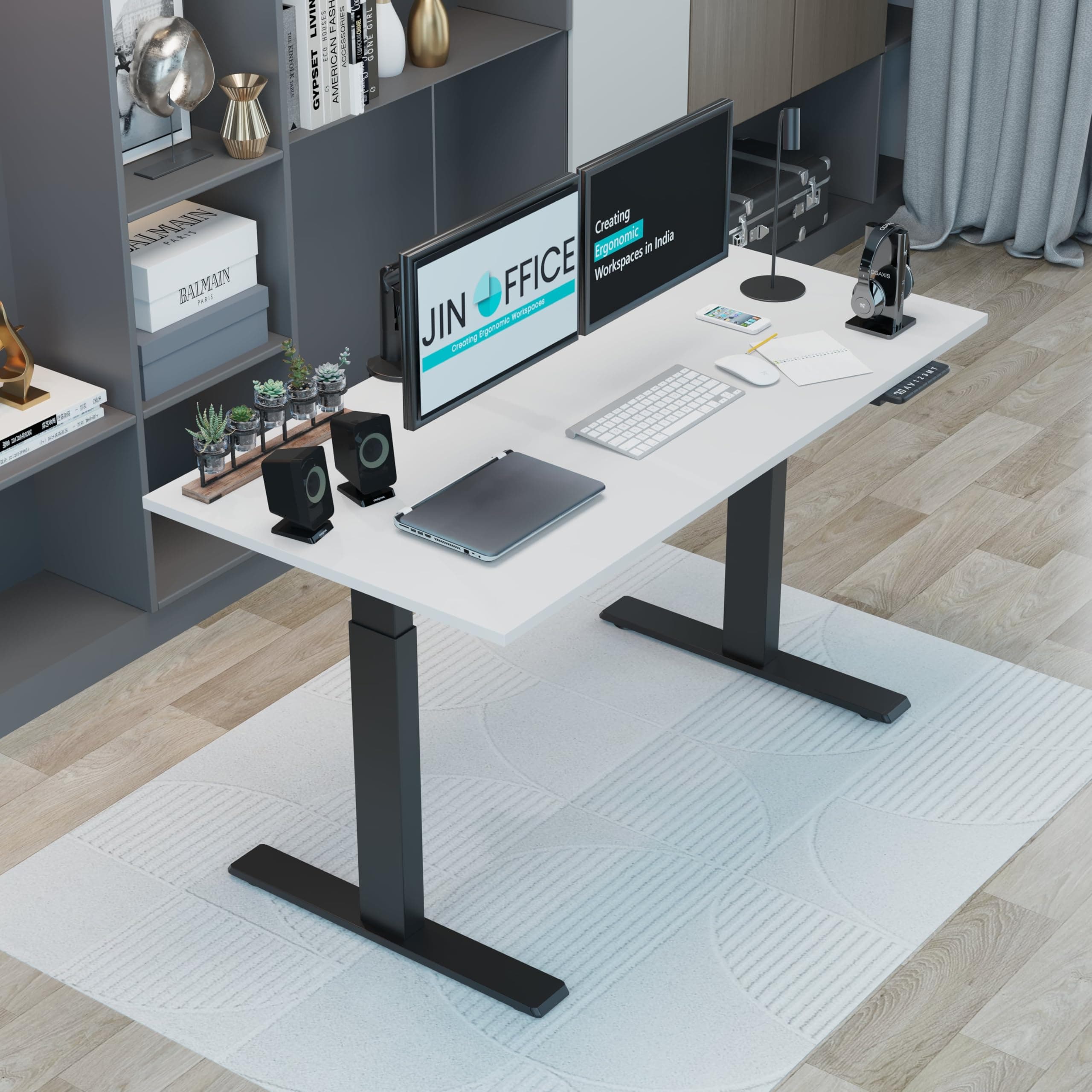JIN OFFICE Titan Premium Dual Motor 3-Stage Electric Height Adjustable Desk| Sit Stand Table| Standing Desk Ergonomic with 125Kg Wt. Cap, 3 Year Warranty| 3 Memory Presets| Black & White| 1500*750mm