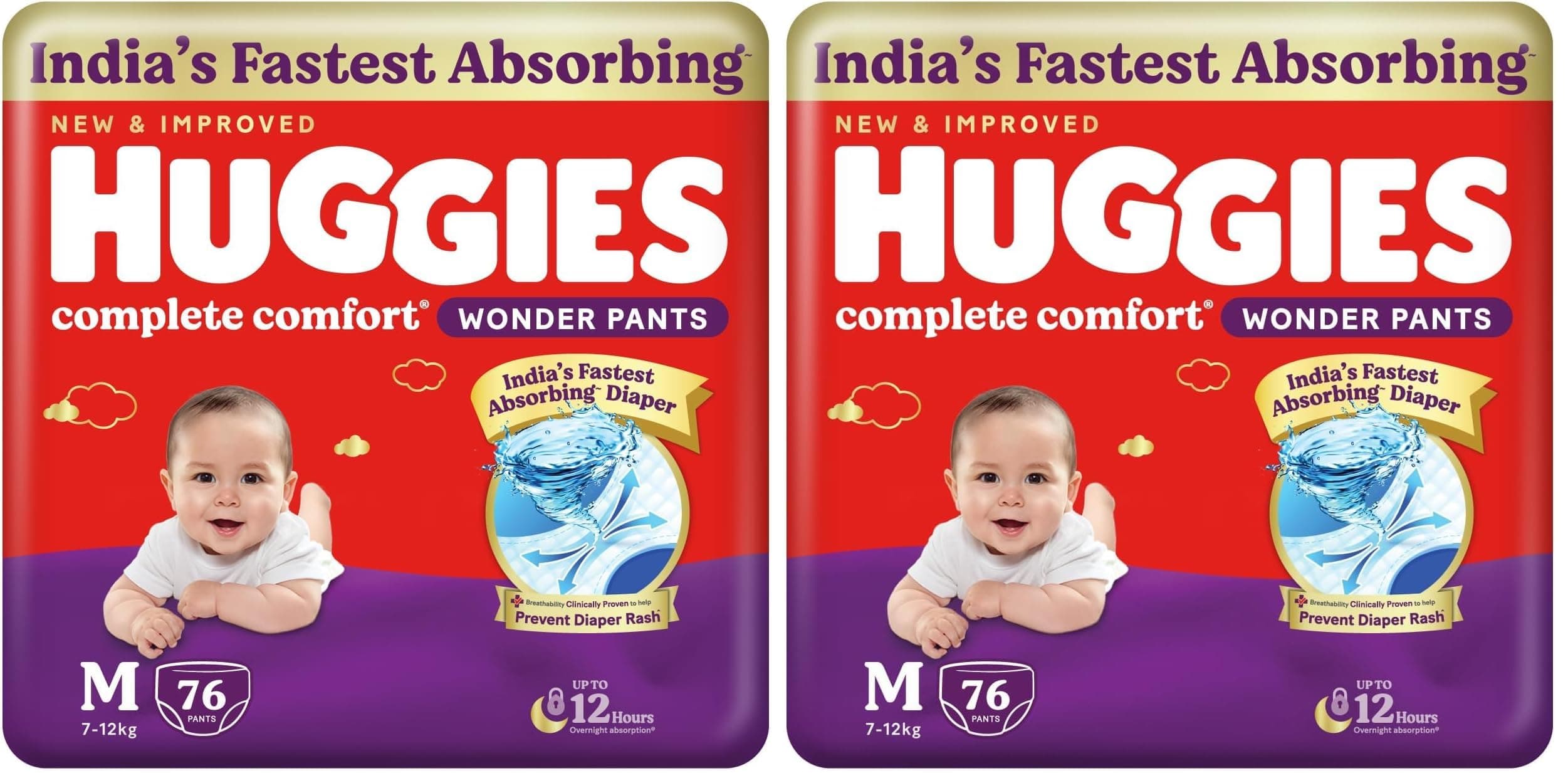 Huggies Complete Comfort Wonder Pants | Pant Style Baby Diapers Medium Size (M), 76 Count | India's Fastest Absorbing Diaper, Prevents Diaper Rash, Ideal for 7 to 12 Kgs (Pack of 2)