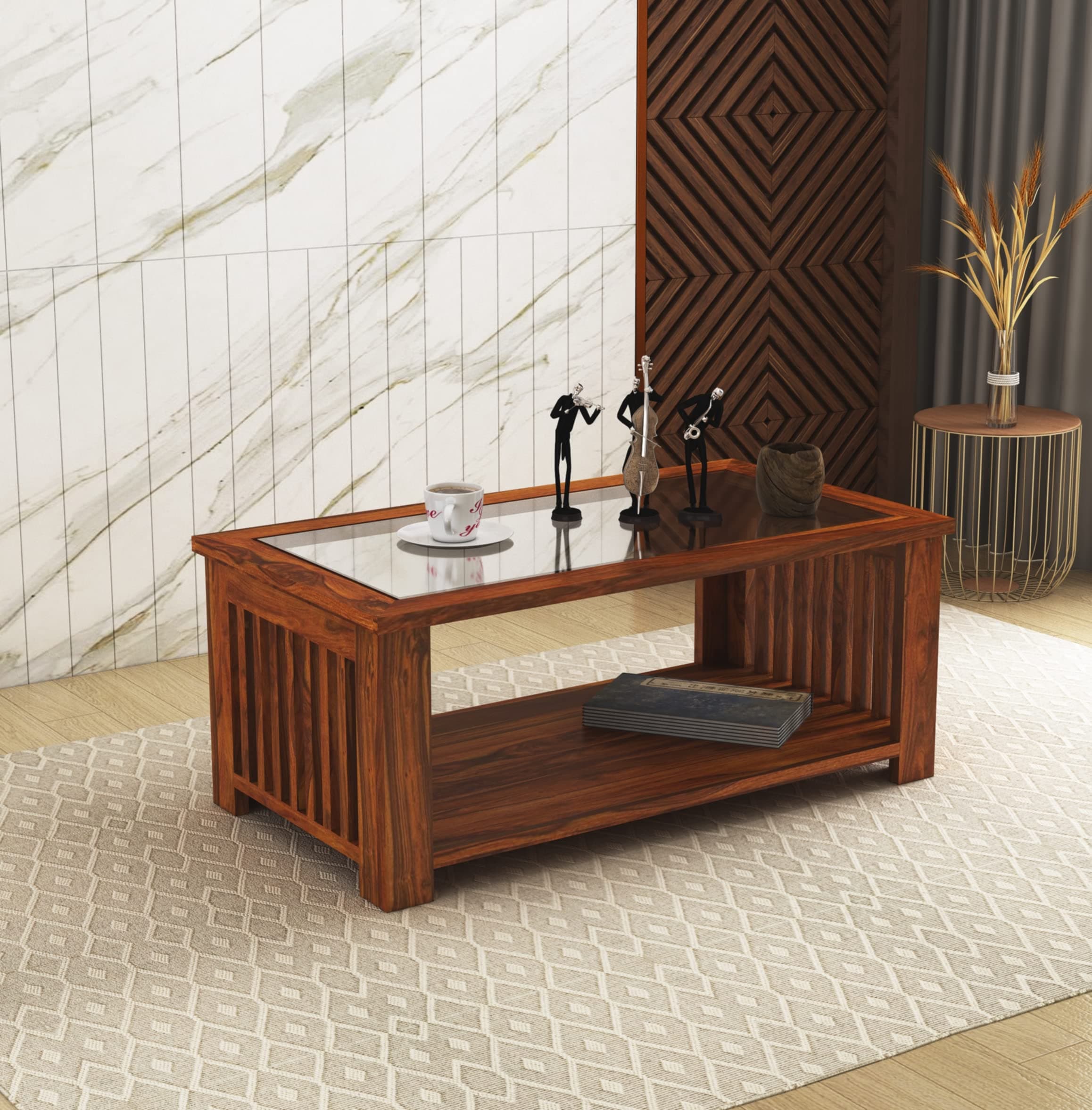 Ganpati Arts Solid Sheesham Wood Coffee Table with Glass Top and 1 Large Shelf Wooden Center Table for Home and Living Room (Natural Finish) 1 Year Warranty