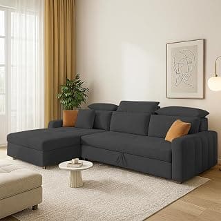 Casaliving Gagnon LHS 4 Seater L Shape Corner Sofa Cum Bed for Living Room (Black Fabric) Premium Fabric Sofa