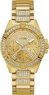 GUESS Women's Gold-Tone Stainless Steel Crystal Analog Watch With Day, Date + 24 Hour Military/Int'l Time. Model: U1156L2, Beige Dial