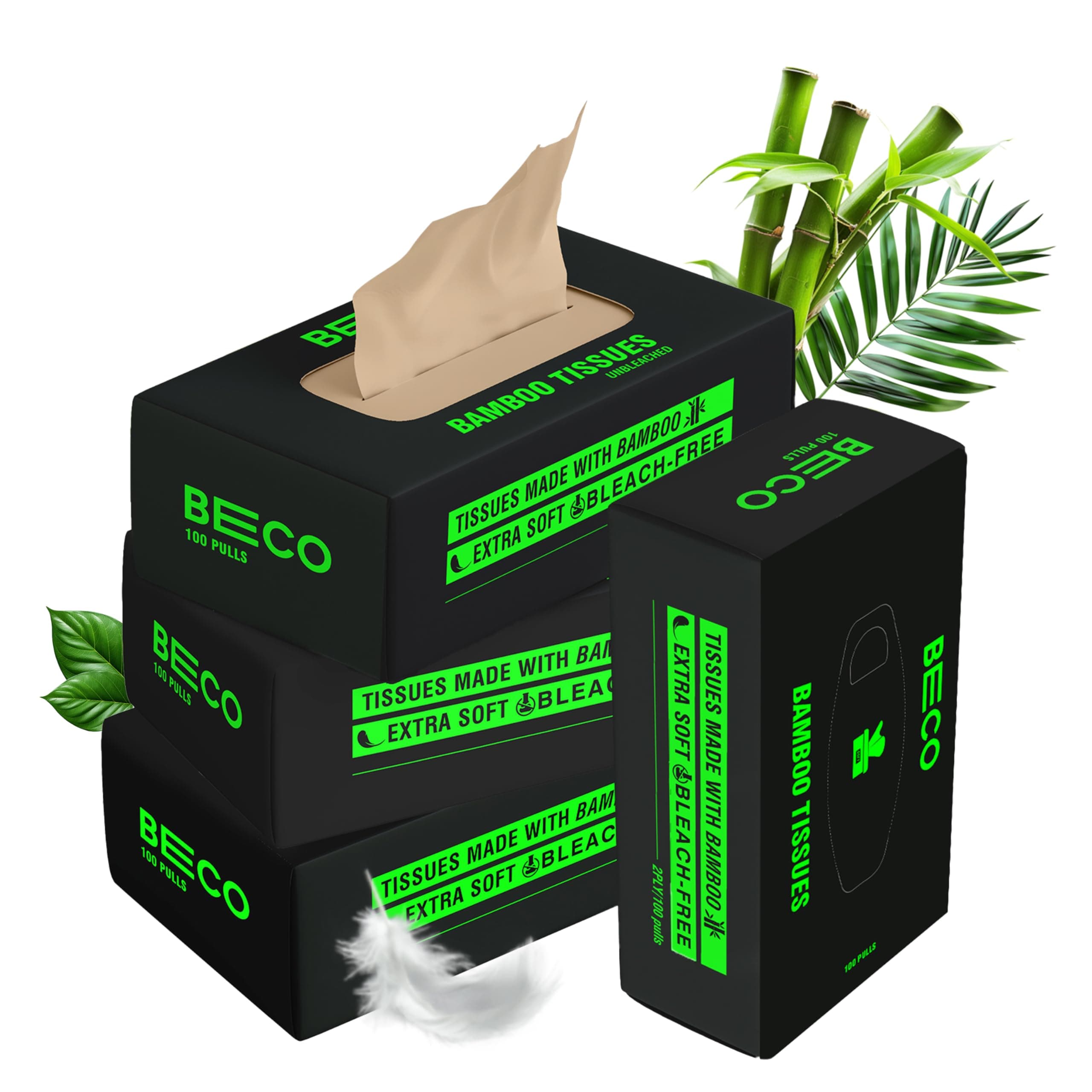 Beco Bamboo Facial Tissue Paper Box-Hard Pack | 100 pulls x 4 boxes | Super Soft, Skin Friendly & Highly Absorbent Face Tissue Napkins | Car Tissue Box | 100% Natural & Ecofriendly | 2 ply-400 Pulls