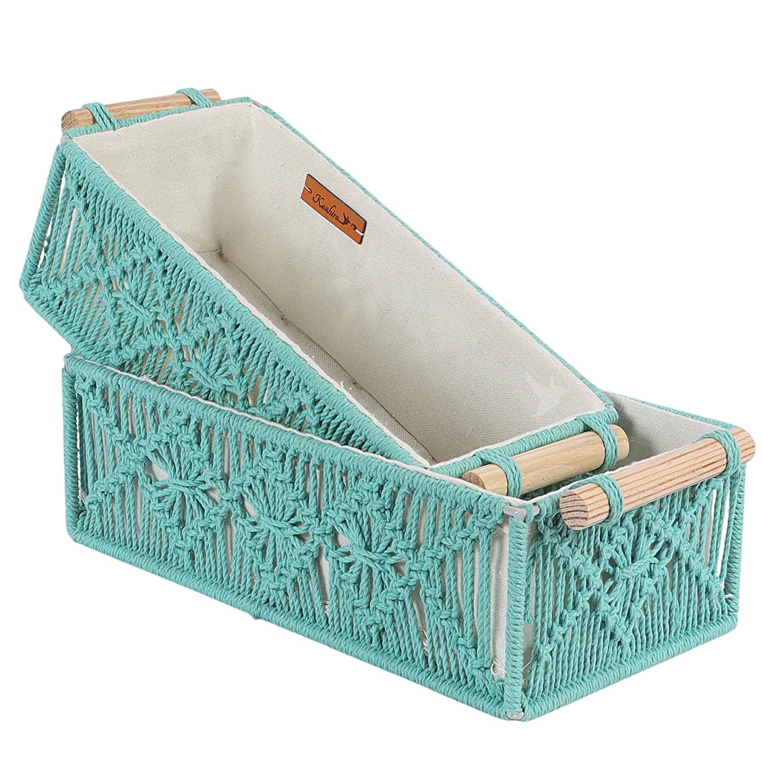 Kaahira Set of 2 Luxurious Handwoven Boho Decor Macrame Storage Rectangular Basket Tray with Wooden Handle and Cotton Lining Countertop Cabin Organizer Home, Office and Events (Mint Green)