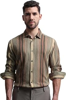 MUFTI Men Shirt | Slim Fit Long Sleeve Spread Collar Striped Design | Polyester Elastane Blend with Crinkled Texture for Smart Casual