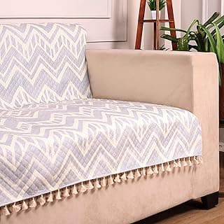 STITCHNEST Quilted Velvet Sofa Cover with Tassels – 70x60 Inch, Grey & Ivory Zigzag Design, Soft & Stylish, Washable Sofa Protector for 3-Seater