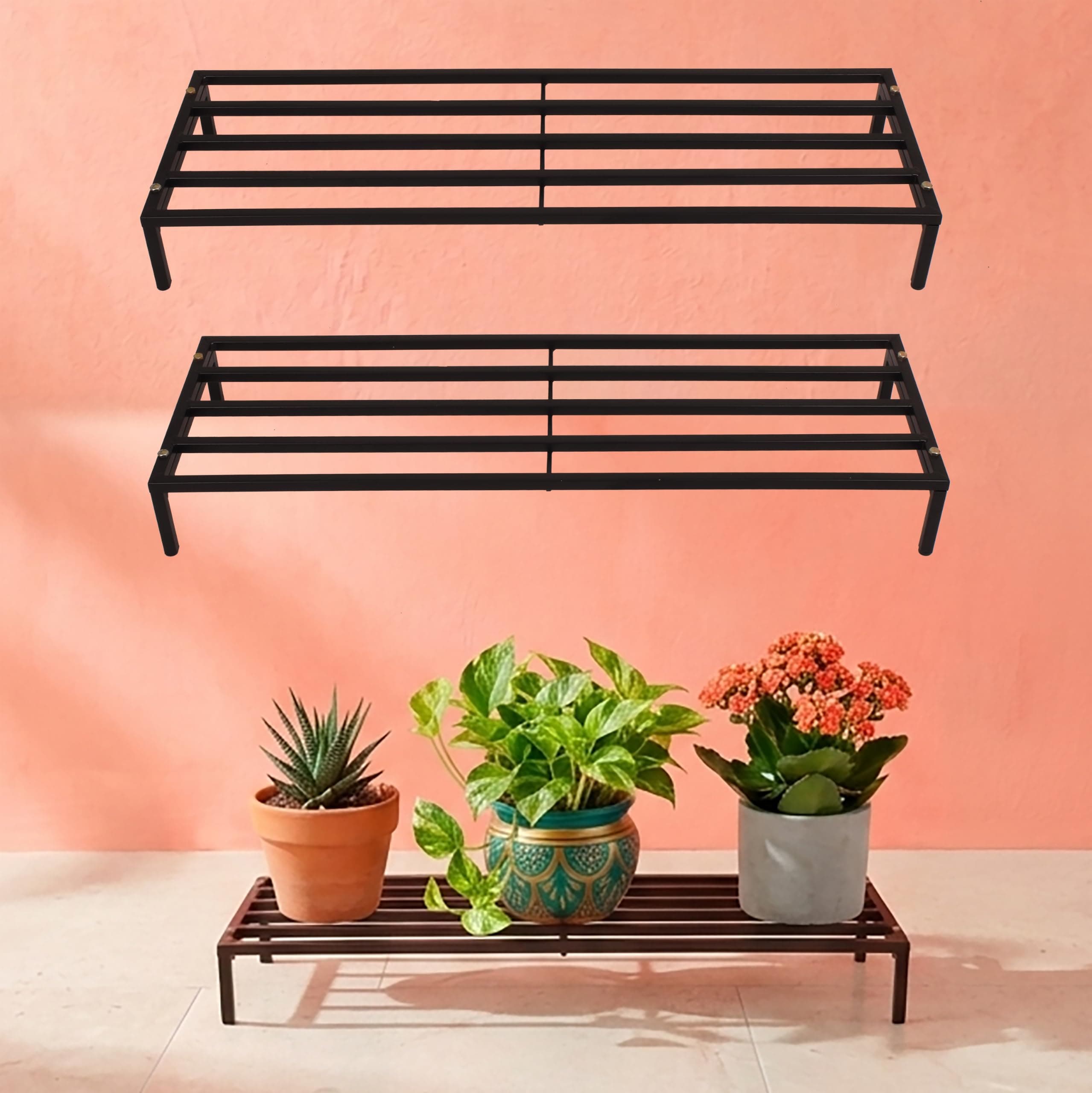D&V Engineering Heavy Duty Metal Plant Stand | Flower Pot Stand for Balcony & Garden | Indoor & Outdoor Planter Stand | Iron Plant Holder | Living Room & Patio Decor | Black, 2.5 ft Wide, Pack of 2