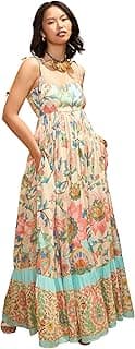 Pink Paprika by SASSAFRAS Women’s Floral Strappy Tie-Up Maxi – Boho Fusion Resort Summer Cotton Casual Wear Dress
