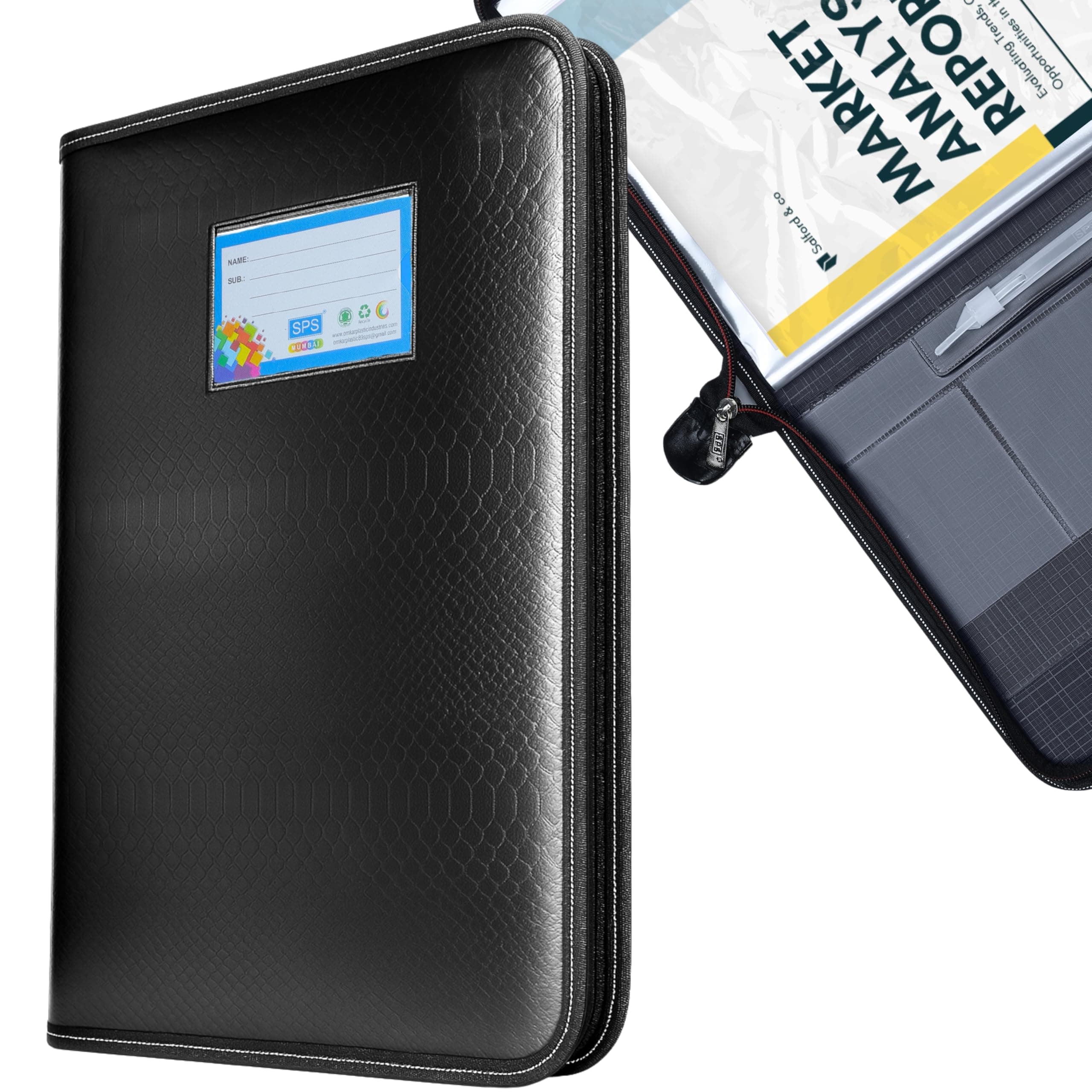 SPS Premium PU Leather File Folder | 20 Sleeves for A4 & FC Size Documents | Black