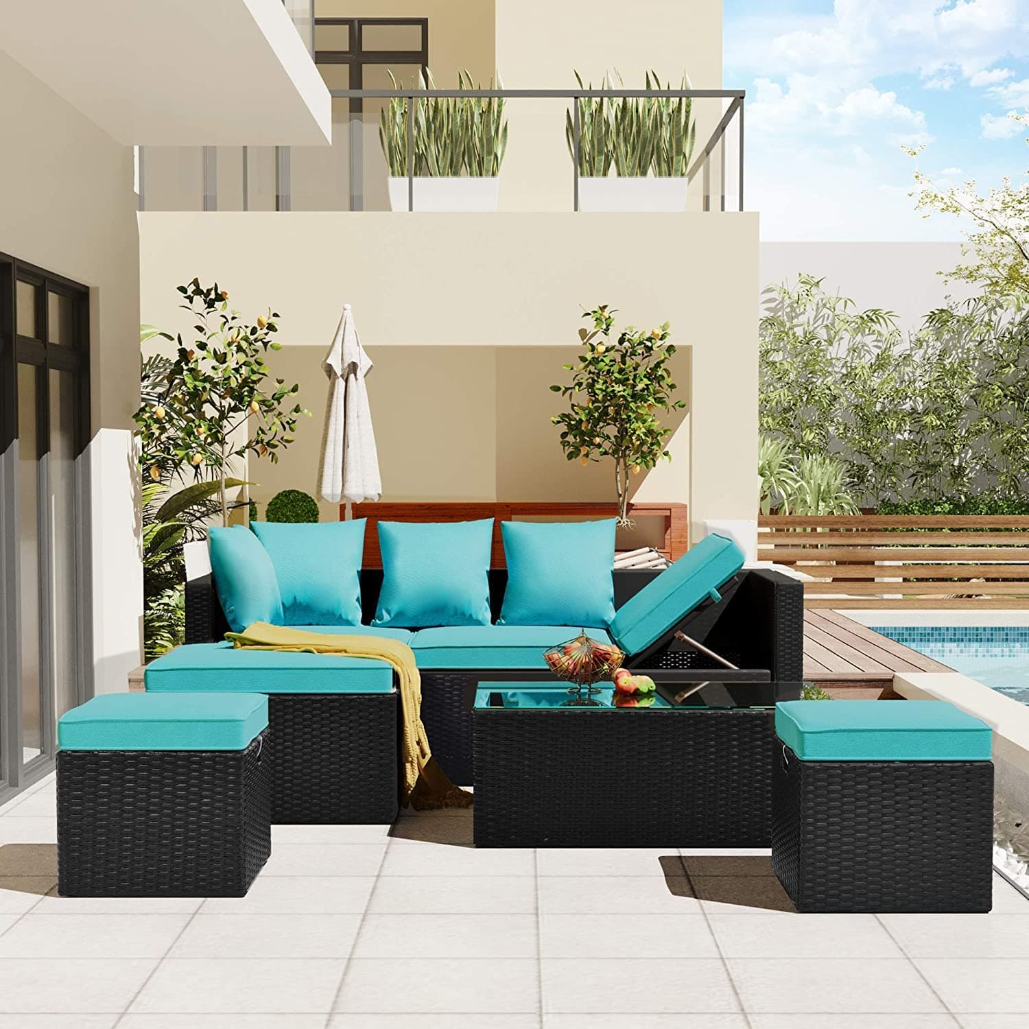 DEVOKO Outdoor Rattan Sectional Sofa Set with Tea Table and Ottoman, Washable Cushions for Garden, Terrace, Backyard, Poolside (Black & Sky Blue)
