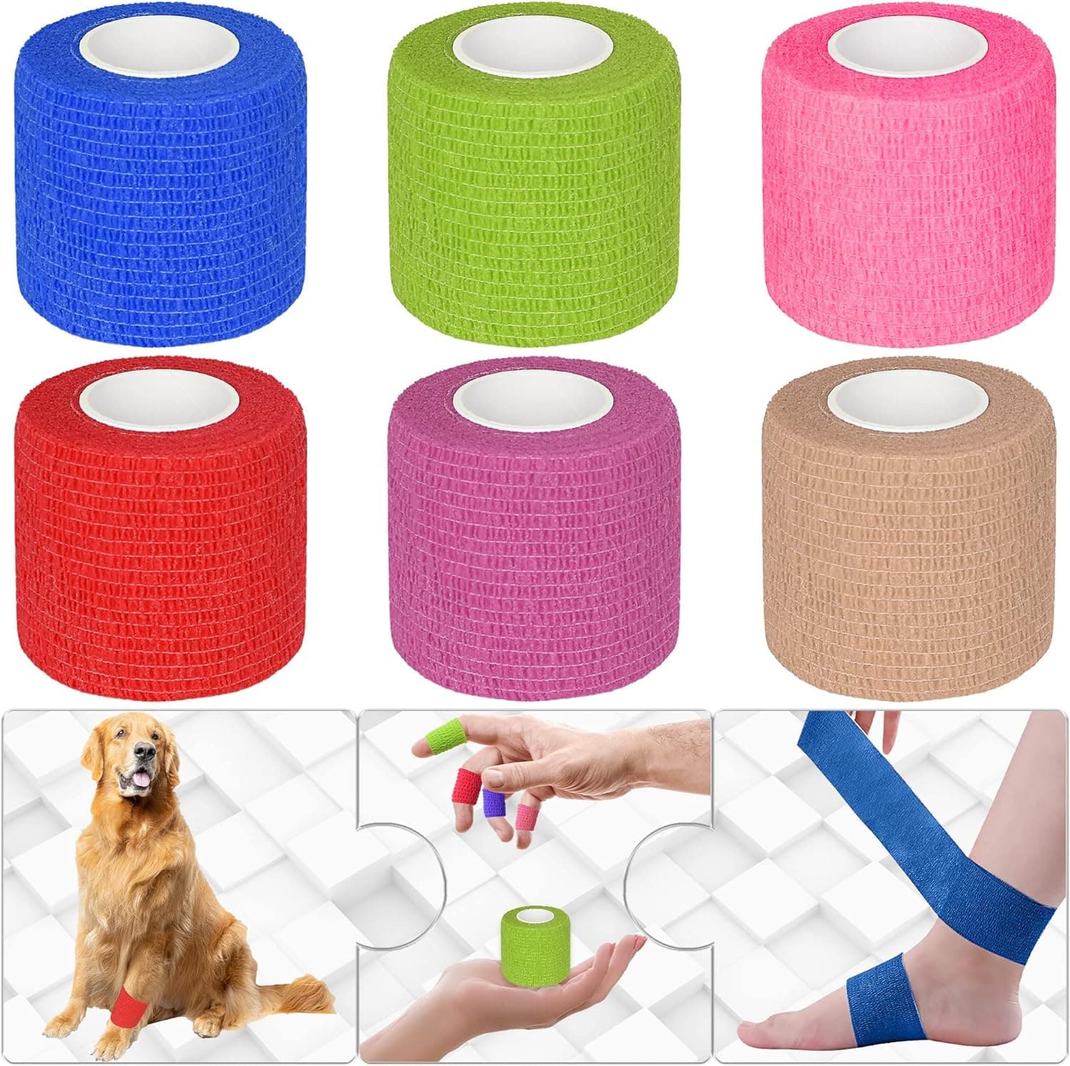 THE DDS STORE Bandage Wrap For Dogs Wound Wrap Self-Adhesive Non-Woven Tape For Legs,Paws,Wounds|Gauze First Aid For Dogs,Cats,Horses,Birds And Guinea Pigs (Multi-Color,2 Rolls)