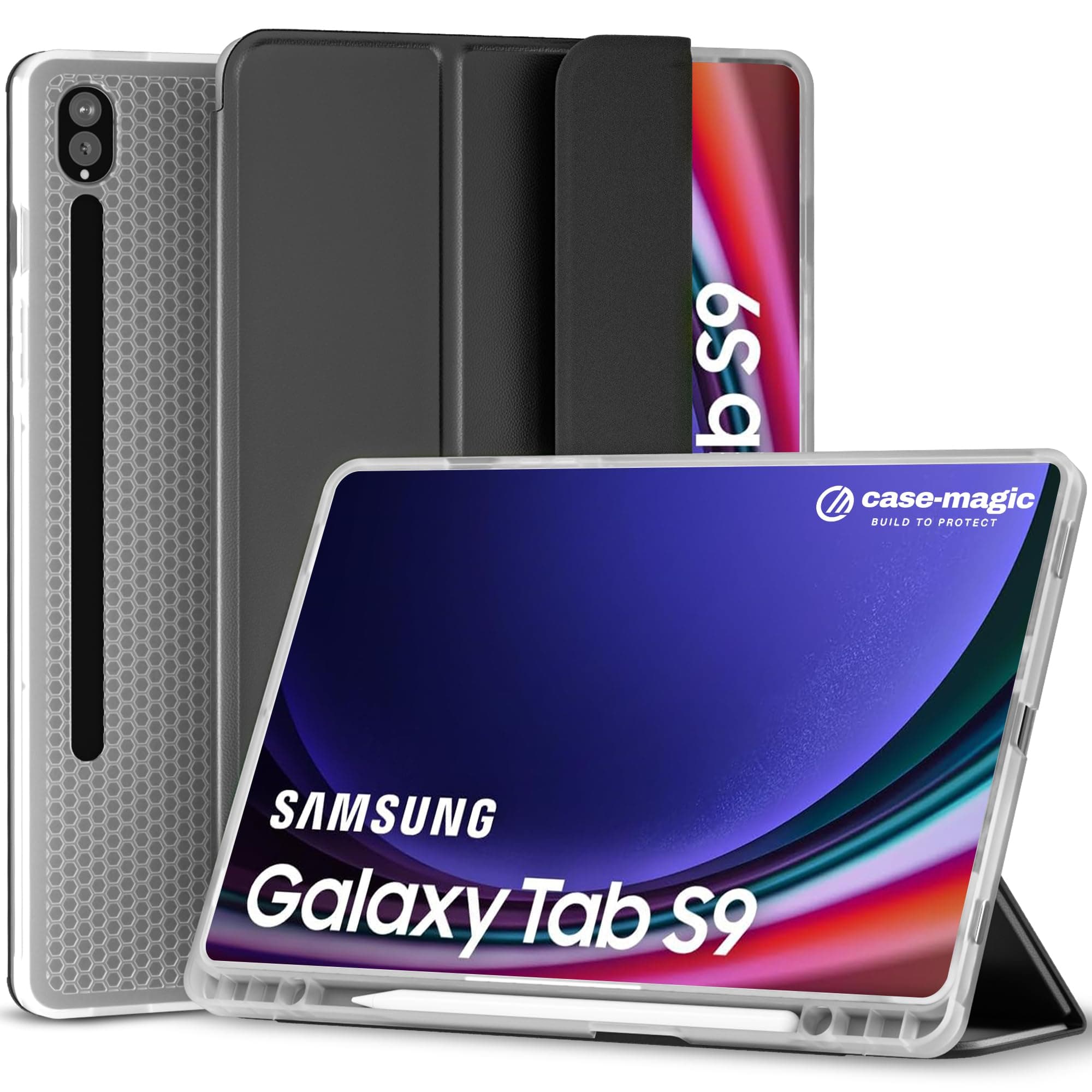 Case-Magic Premium Folio Case Cover for Samsung Galaxy Tab S9/ S9 FE 11 inch (2023) with S Pen Holder, Auto Sleep/Wake Feature, Trifold Stand, Pencil Holder| PU Exterior, TPU Transparent Back (Black)
