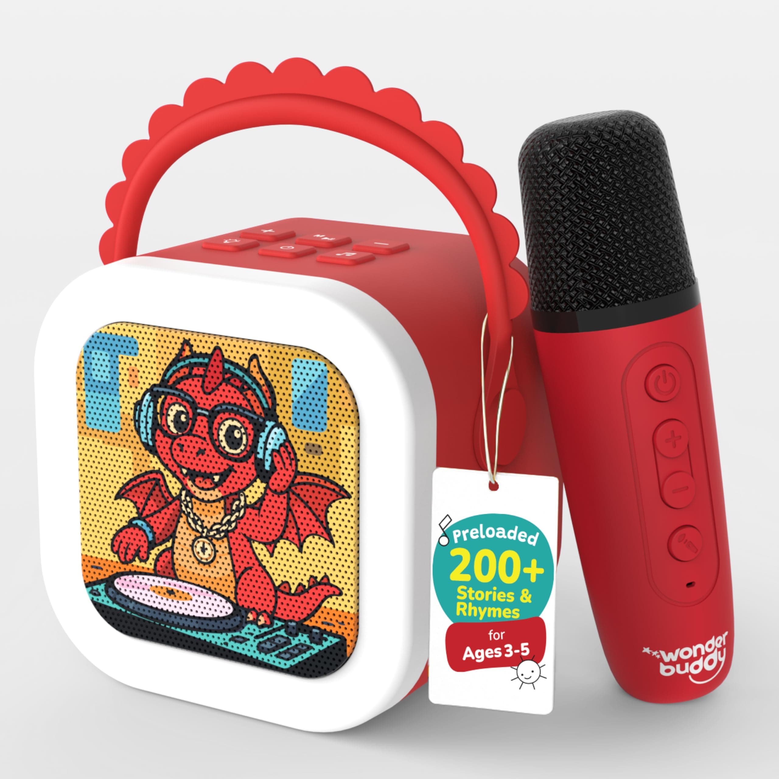 WonderBuddy StoryBox Mini, 200+ Stories & Rhymes Preloaded, Karaoke Mic for Singing, RGB Lights, Kids Speaker, Musical Toy, Best Gift for 3-5 yr Kids - Dragon with Mic