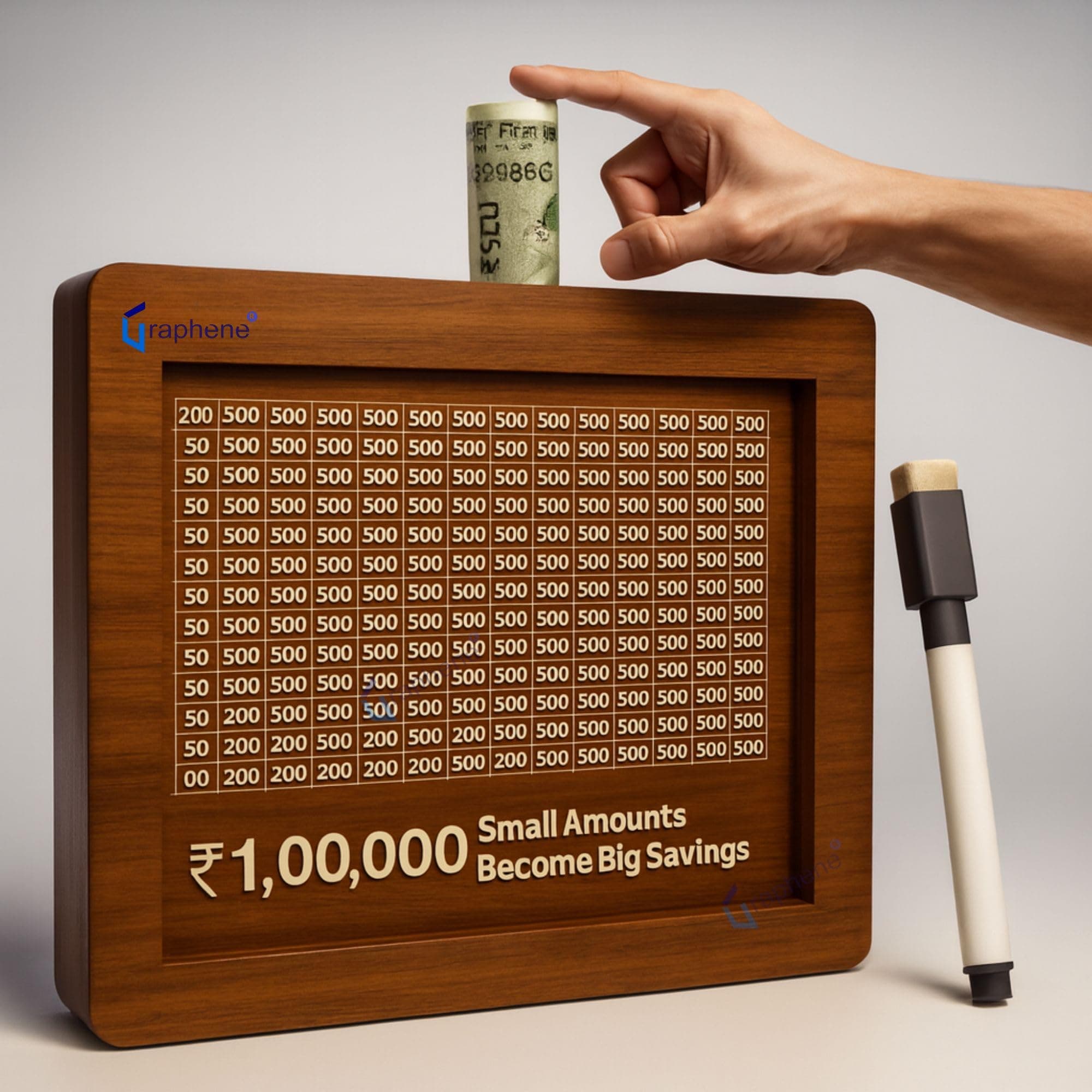 GRAPHENE Wooden Piggy Bank Gullak for Kids Girls Boys Smart Money Saver Box Mini Coin Box Donation Cash Collection Box Piggybank with Numbers Chart for Adults Target 100000 Rupees Savings Box