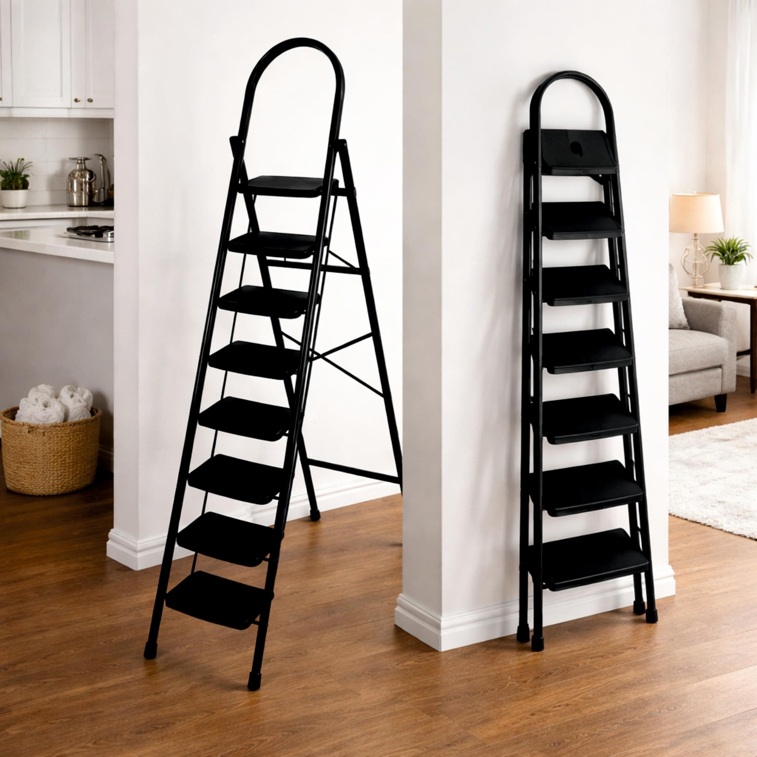 JIALTO 7 Step Ladder with Handrail for Home, Folding Steel Step Stool, Anti Slip Wide Pedal, Lightweight Portable Ladder for Kitchen, Office, Indoor Outdoor Use, Space Saving Design (Black)