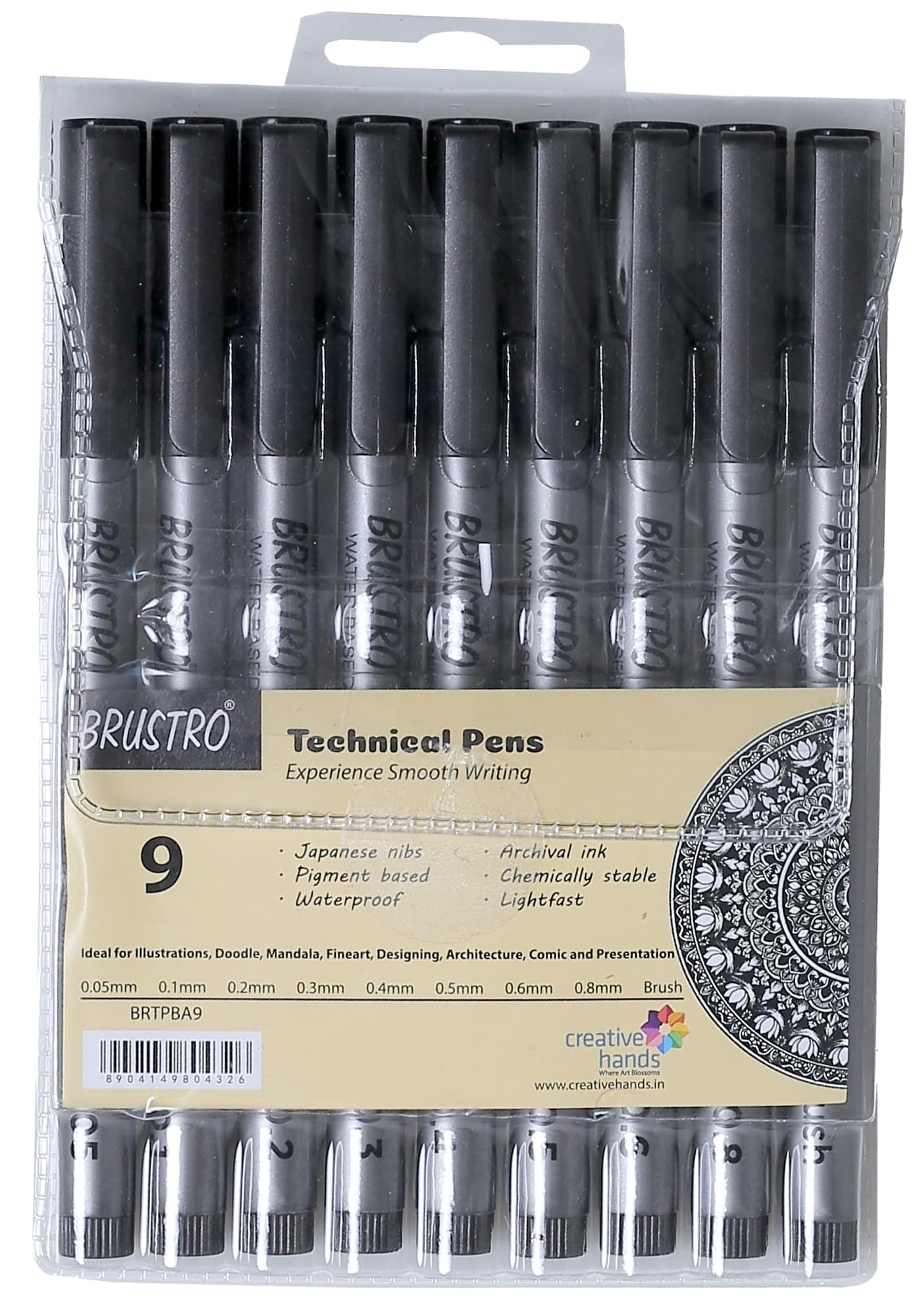BRUSTRO Technical Fineliner & Brush Pen Set of 9 |Black| Tip Sizes - 0.05,0.1,0.2,0.3,0.4,0.5,0.6,0.8 mm| Waterproof, Ideal For Mandala, Drawing,Artist Illustration,Sketching