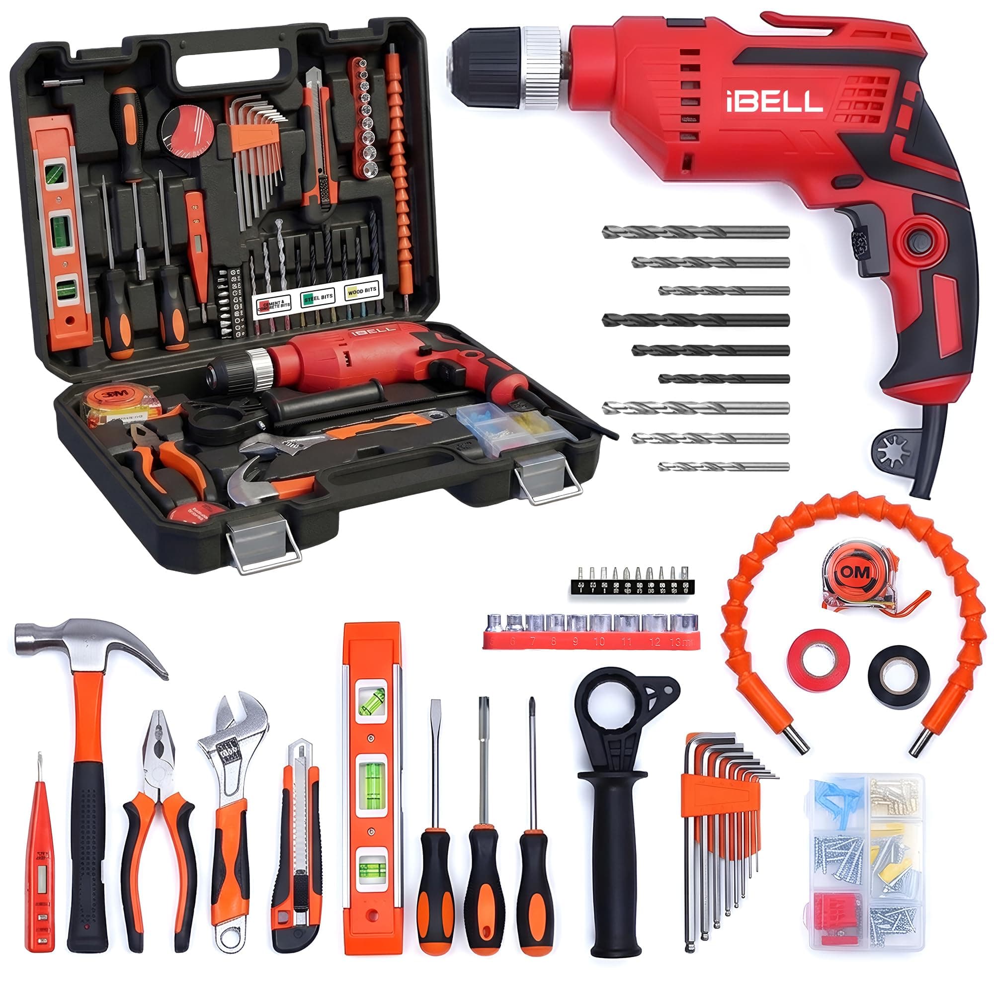 IBELL Professional Tool Kit with Impact Drill TD13-100, 650W, Copper Armature, Chuck 13mm Keyless Auto, 115 Home Essential Tools/Accessories-6 months warranty