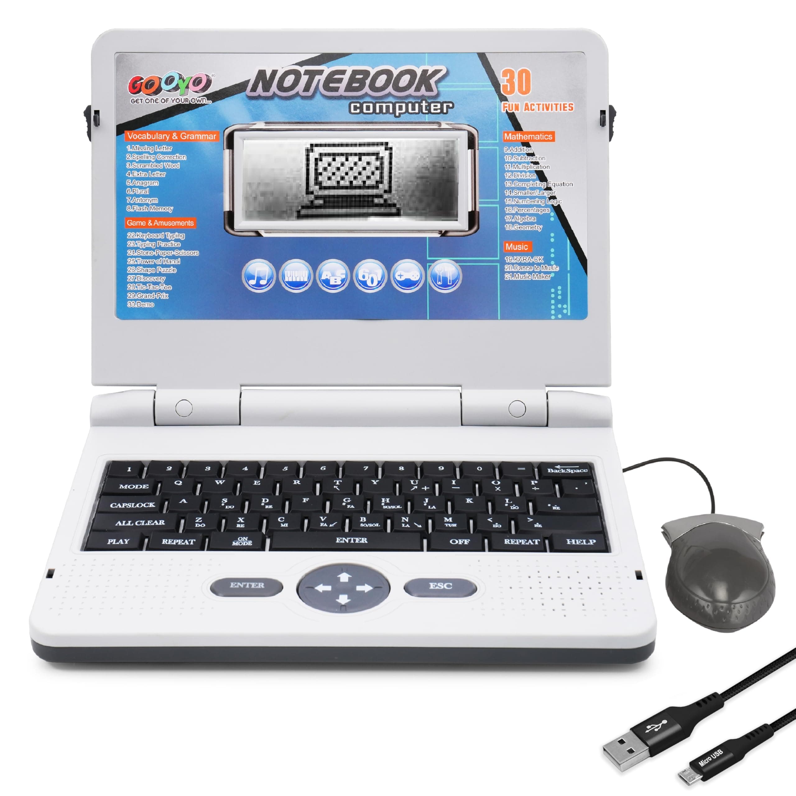 Gooyo GY-1050 Plug & Play Notebook Computer Toy with 30 Fun Activities | Educational Toy Laptop for Kids | Grey | Dual Power Supply | USB Cable (Included) | 3xAA Battery (Not Included)