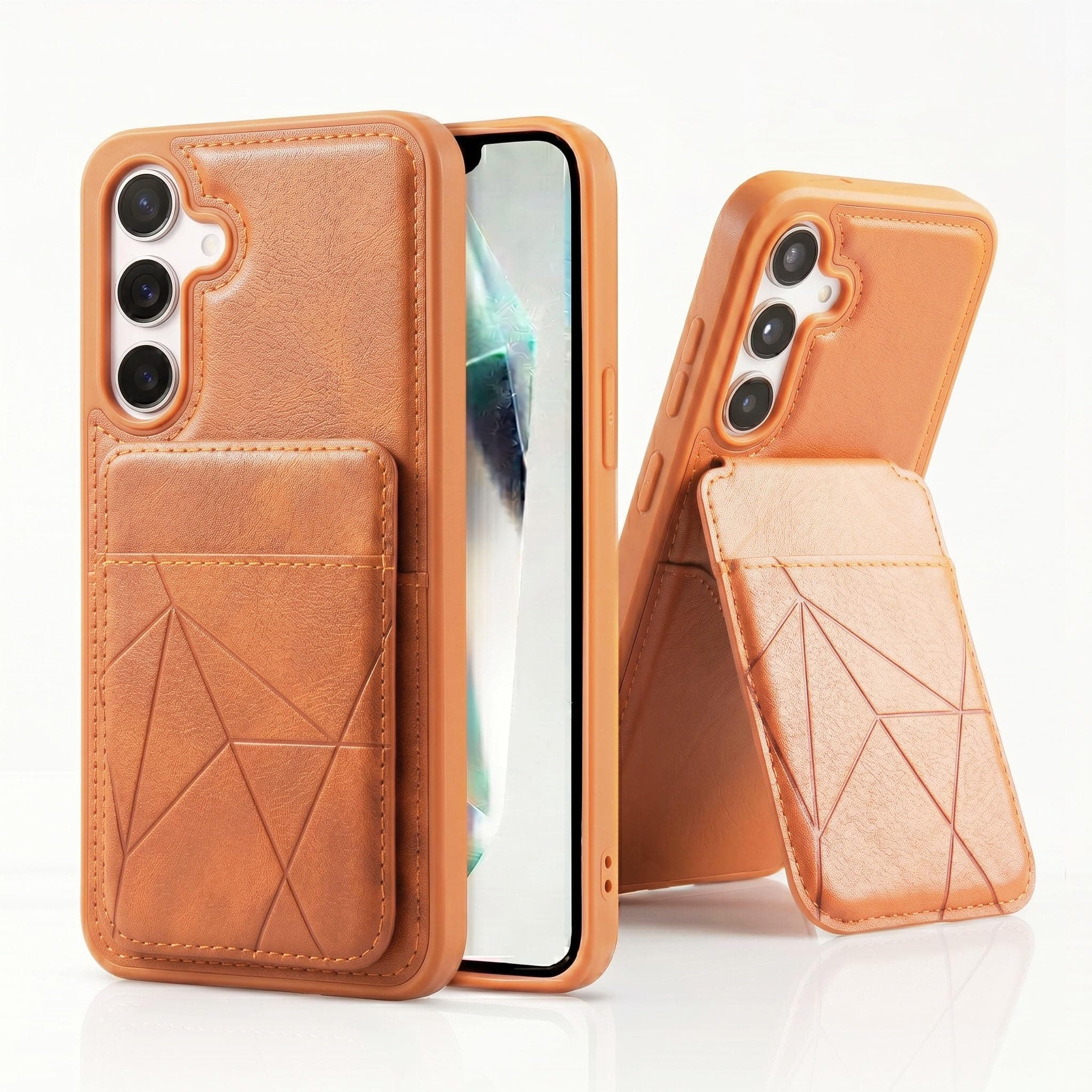 amazon basics Premium Vegan Leather Back Cover with Card Holder and Integrated Mobile Stand for Samsung Galaxy S24FE 5G – Slim Shockproof Wallet Case with Geometric Stitching [Tan]