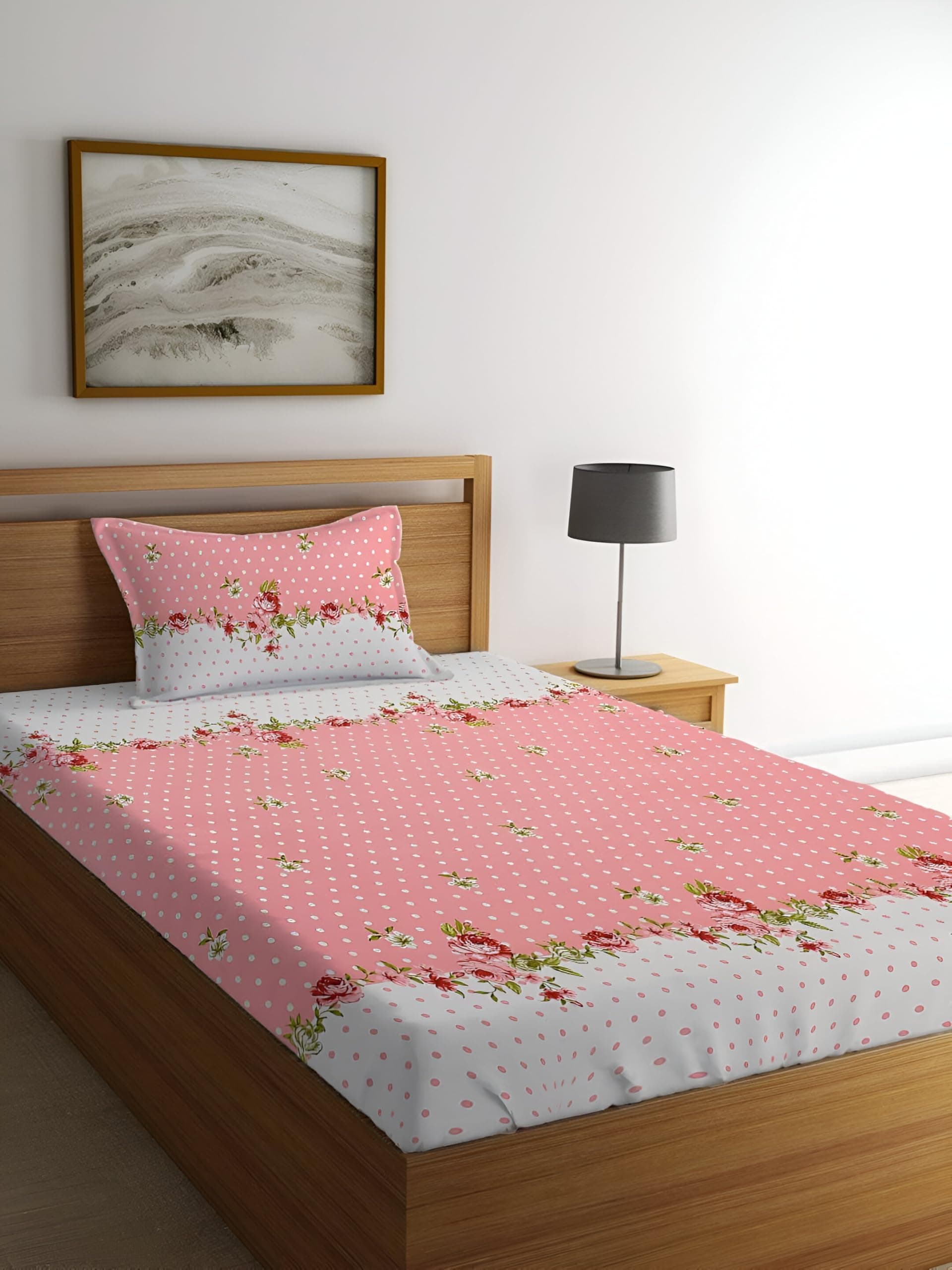 Home Stylish 280 TC Floral Print Ezyption Cotton 1 Single Bedsheet with 1 Pillow Cover Pink