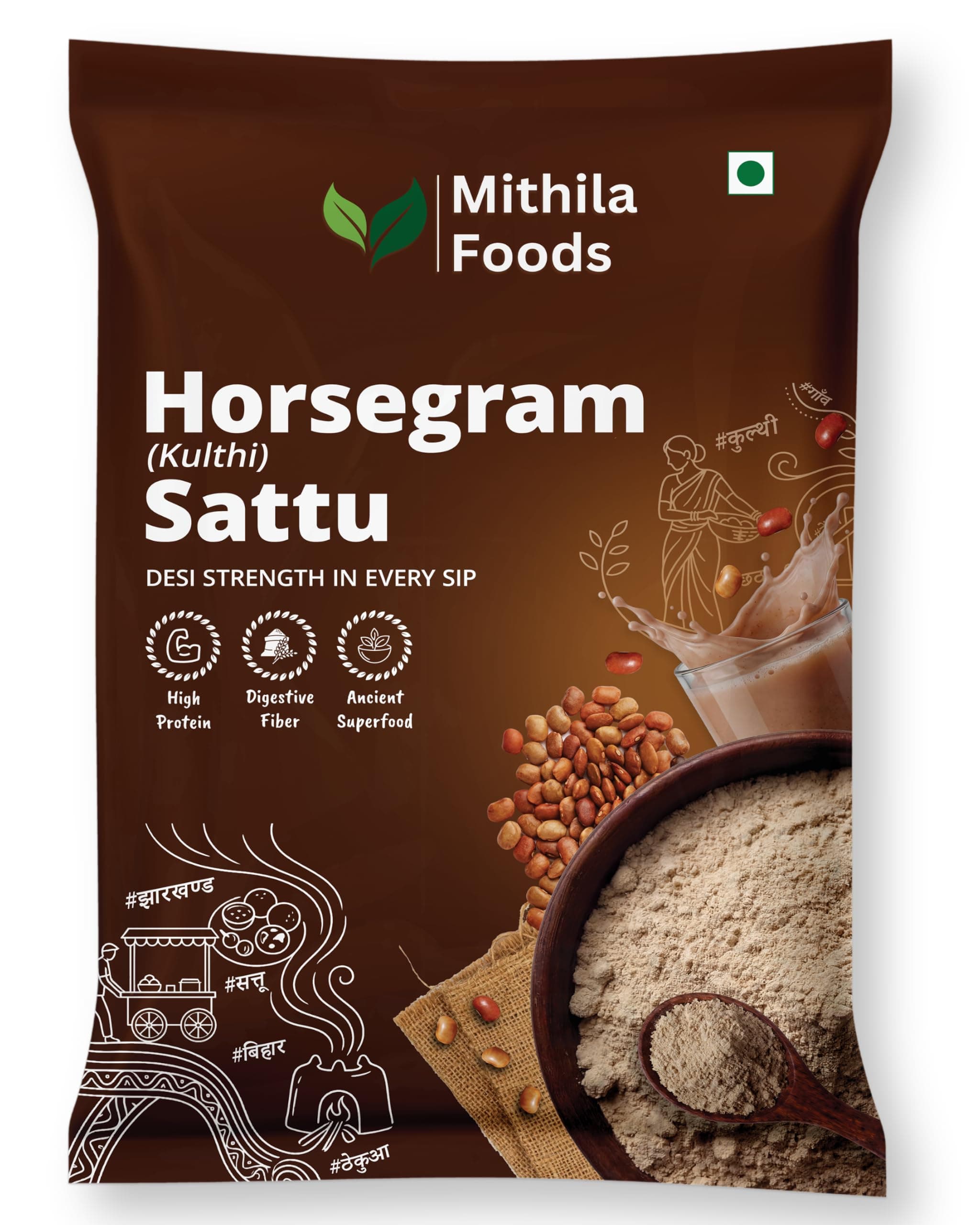 MITHILA FOODS Horse Gram (Kulthi) Sattu Powder 500g | Sattu for Weight Loss, Kidney Stone & Detox | High Protein Superfood Drink Mix, Kollu Flour, Gahat Sattu | Authentic Taste of Jharkhand