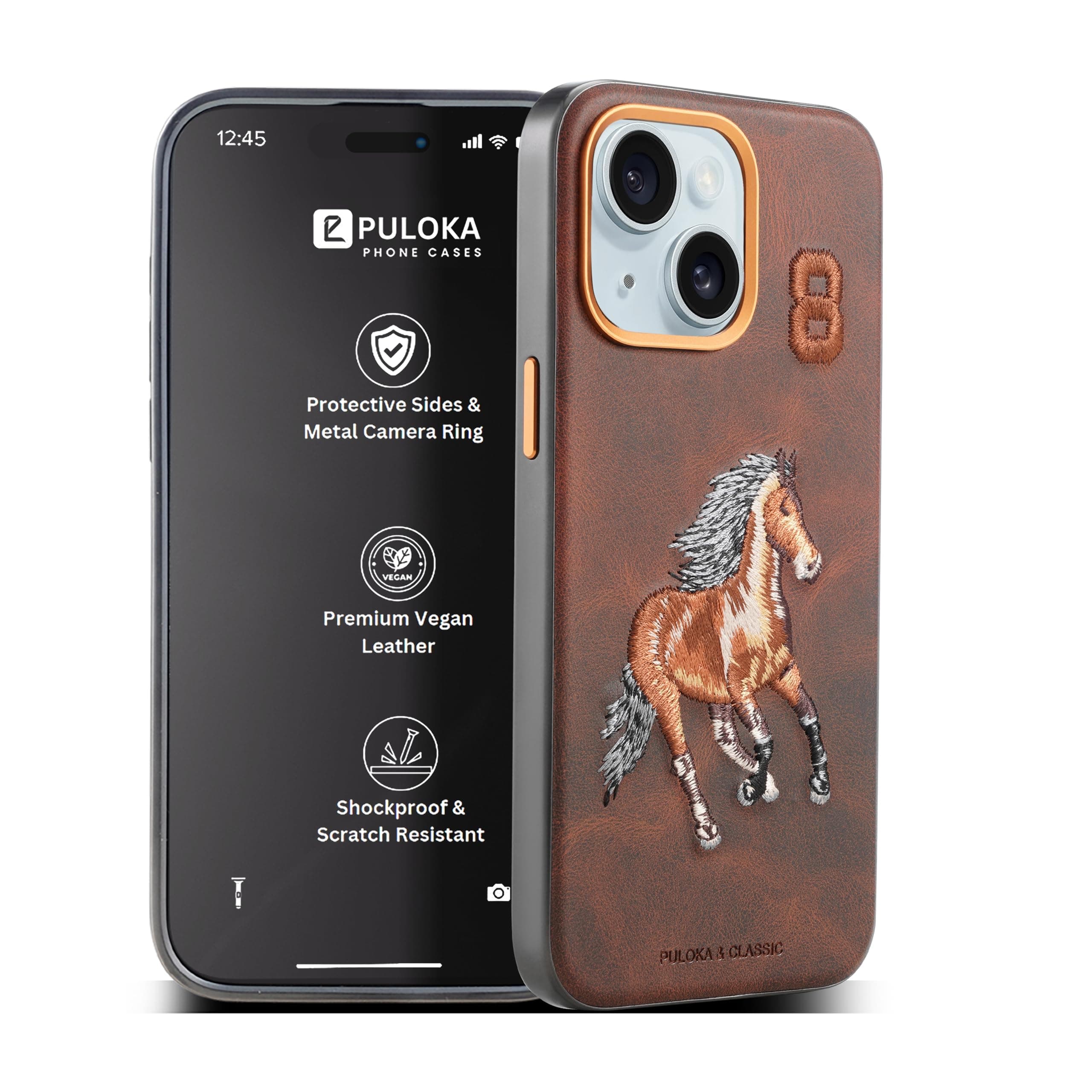 PULOKA - Mobile Cover for iPhone 13 - Horse Embroidery - Sleek & Stylish - Protective & Anti Scratch Phone Cover Vegan Leather Back Case - Men & Women - Santa Barbara Polo (Brown)