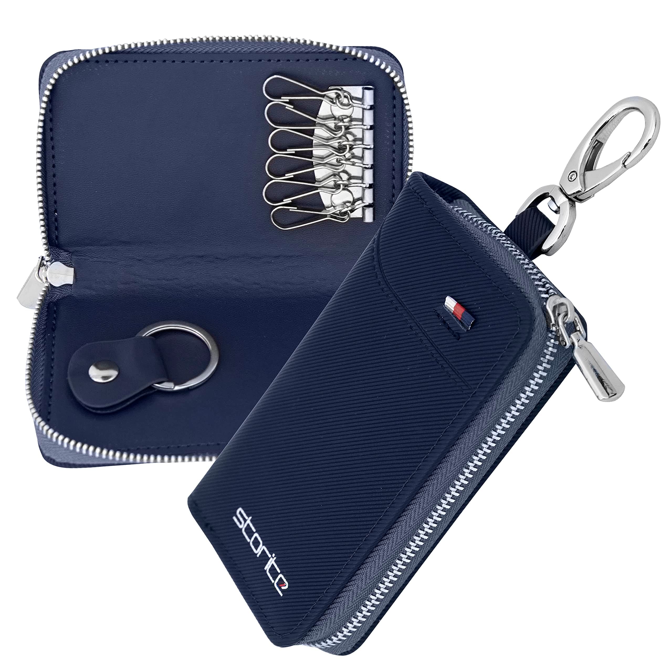Storite PU Leather Large Key Case Pouch Wallet Key Chain Key Holder Ring with 6 Key Hooks,1 IC Key Ring, Metal Buckle with Zipper Closure (7.5X2X12 CM - Blue)