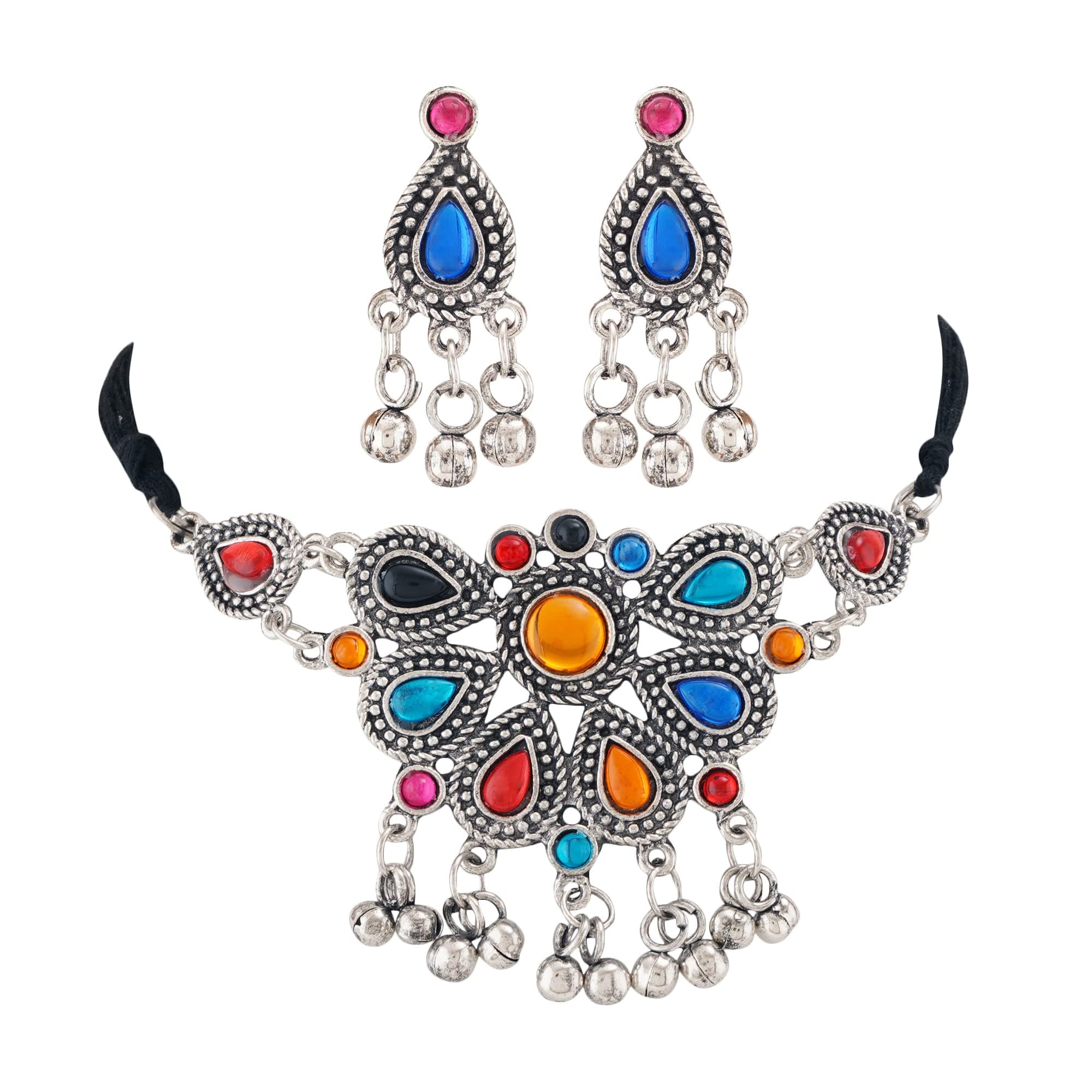 Shreyadzines Thread Oxidised German Silver and Choker Pendant Necklace Earrings Combo Set for Girls & Women