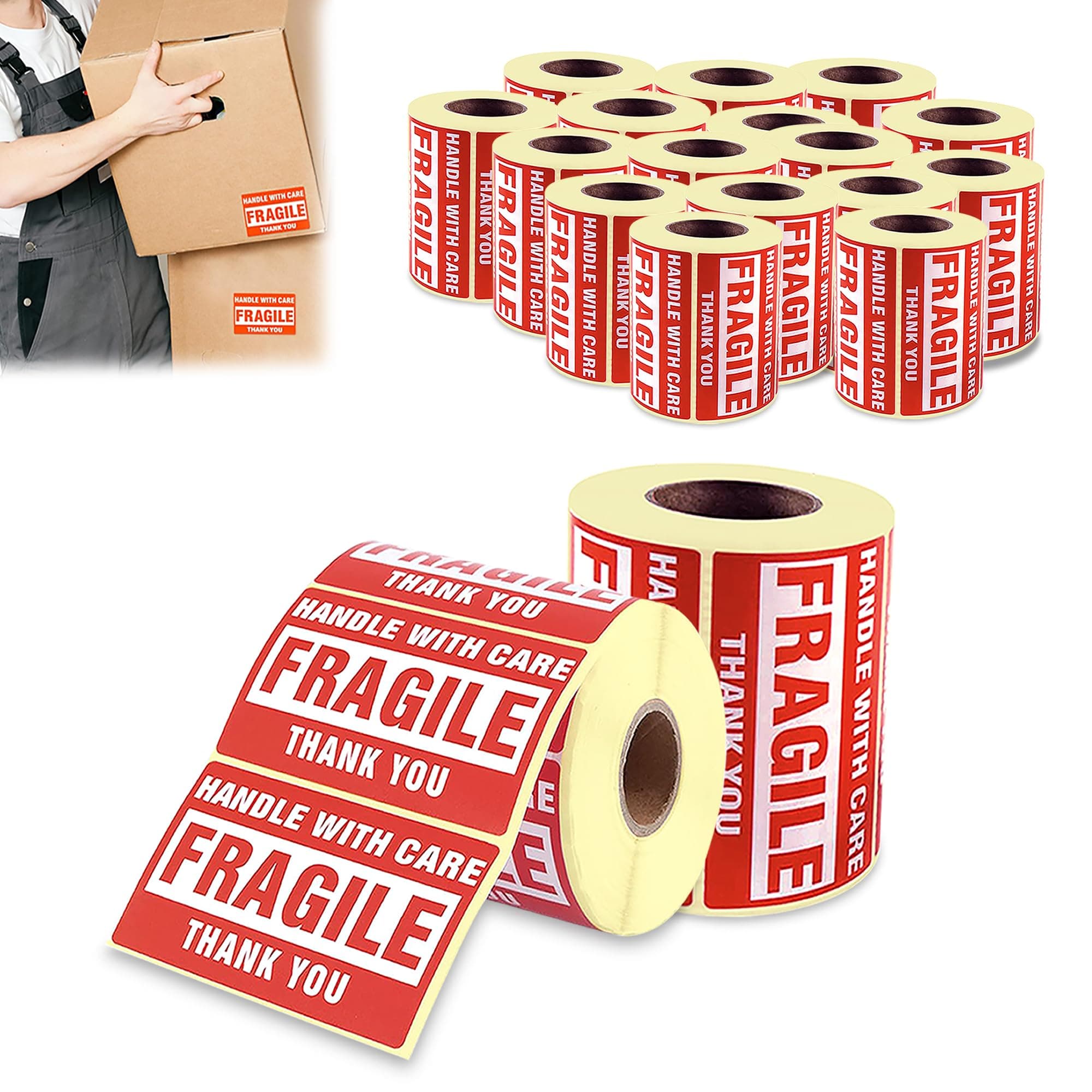 GLUN® Fragile Handle with Care Stickers, 20 Roll 6000 Labels Red Warning Labels with Strong Adhesive for Shipping, Packing & Moving, Size 60x40 mm