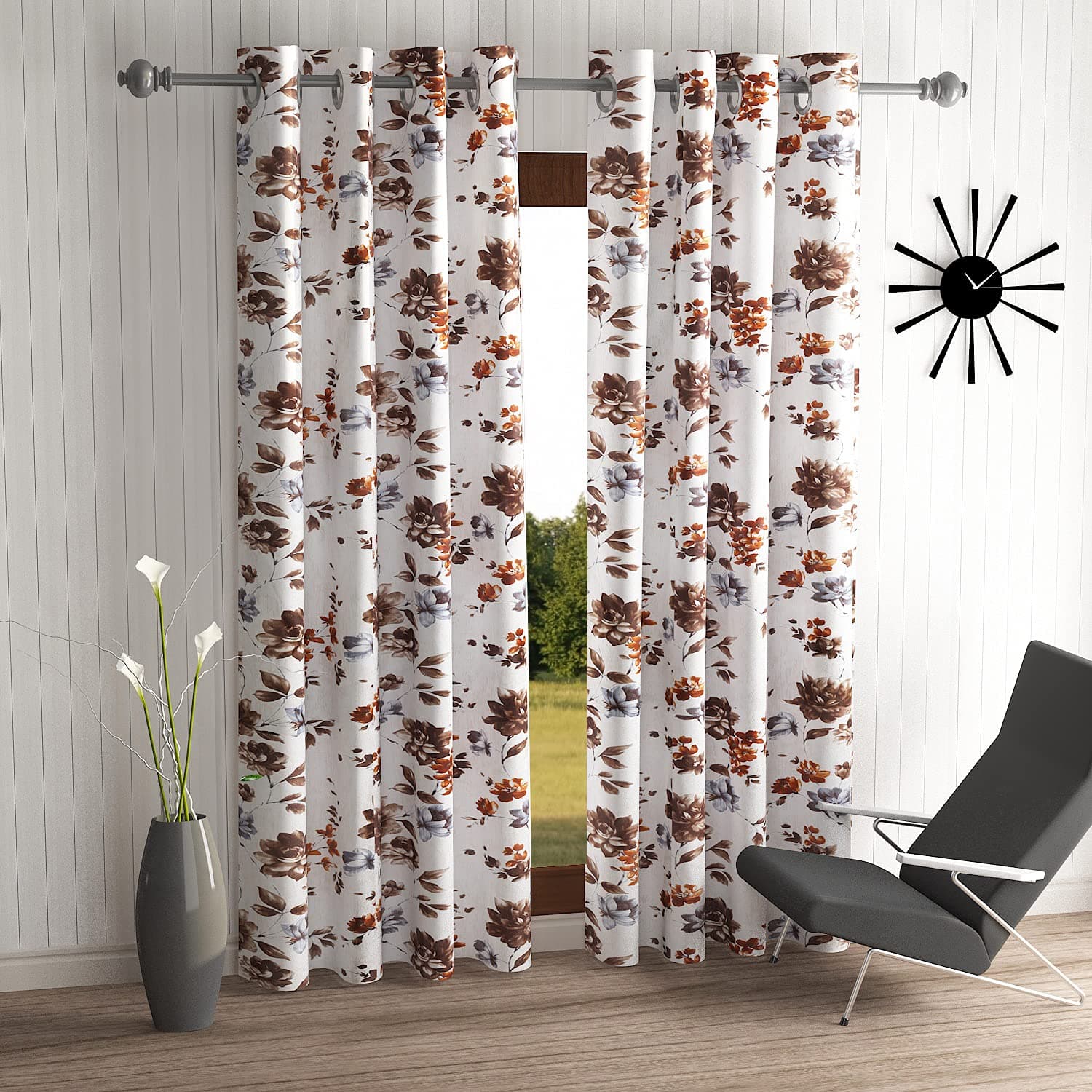 Home Sizzler 2 Piece Windflower Eyelet Polyester Long Door Curtains - 8 Feet, Brown