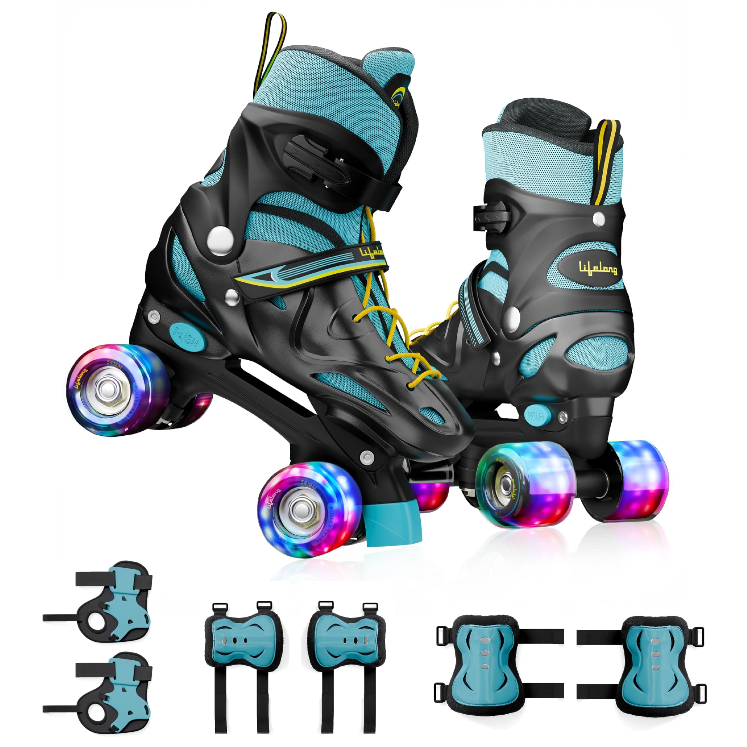 Lifelong Kids Adjustable Skating Shoes with LED Lights – Inline Roller Skating with Adjustable Size, Playful Lighting with Safety Pads, 1 Pair of Skates, Durable Frame – Black, M (21-23.5 cm)