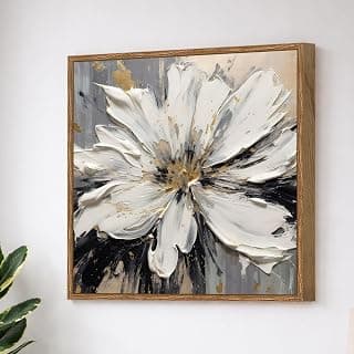 Abstract White Flower Framed Painting For Living Room | Modern Impasto Floral Large Canvas Painting With Frame Wall Art For Bedroom, Hallway's, Office, Hotel, Size 58x58 cm