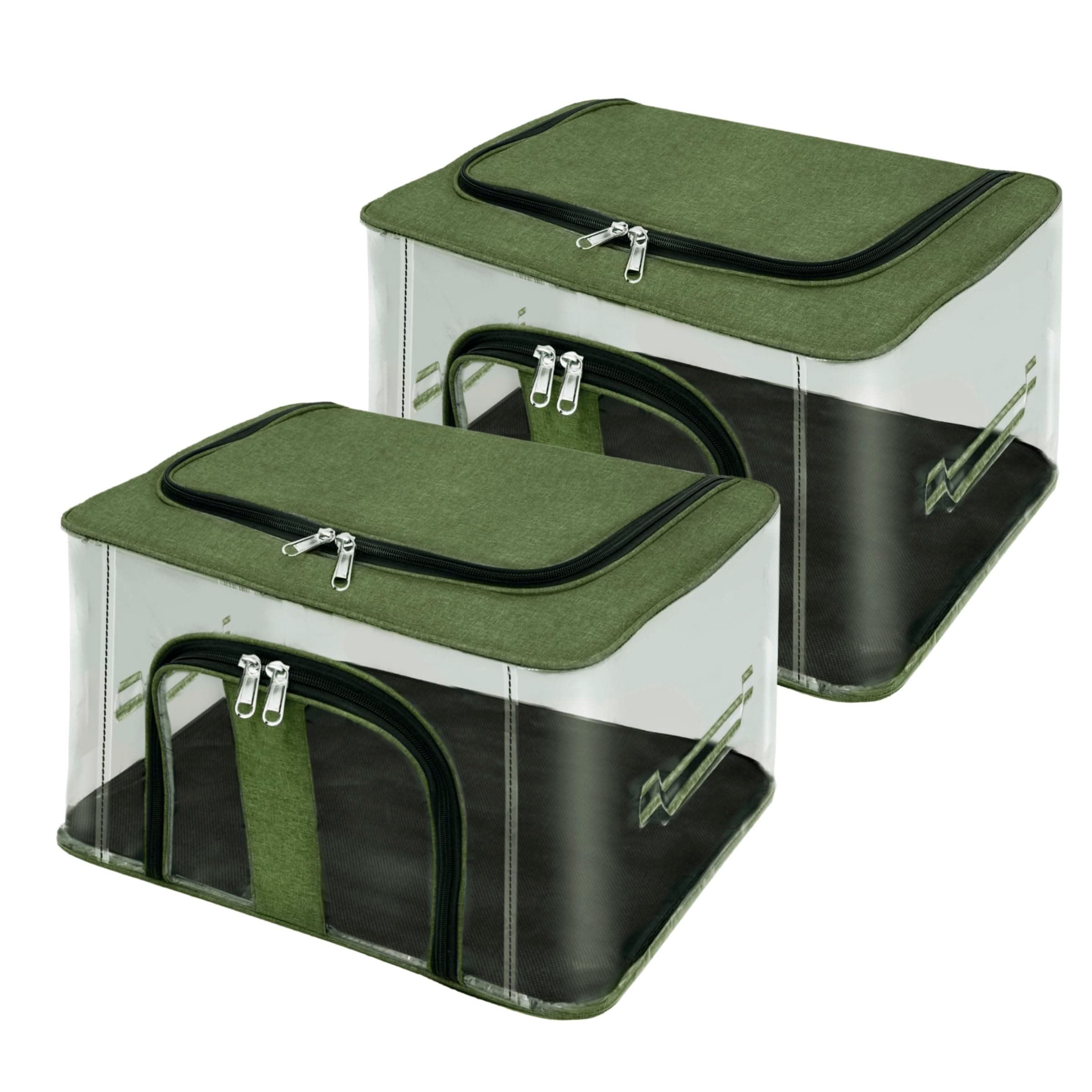 Storite 2 Pack Nylon 33 L PVC Transparent Moisture Proof Storage box for Clothes Closet Wardrobe Organizer for Clothes Saree Bags with Carry Handle (DarkGreen, 44L x 31W x 24H cm)