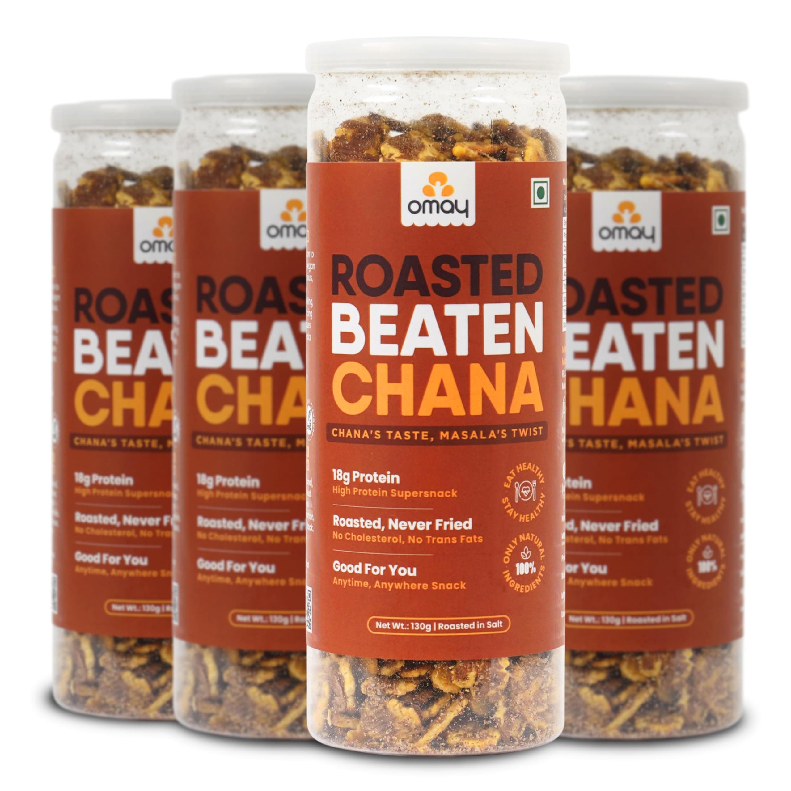 Omay Foods Roasted Chana Jor Garam, 130g (Pack of 4) | 19g Natural Protein | Oil-Free, Roasted Not Fried | Natural Ingredients | Chatpata Namkeen | Cholesterol-Free | Healthy Snack for Weight Loss