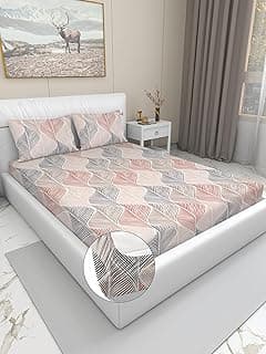 Blue Strip 300 TC Cotton Feel Glace Cotton Elastic Fitted Printed Queen Size Double Bed Bedsheet with 2 Pillow Covers Fits Upto 8 inches,Size- 60x78x8 Inches