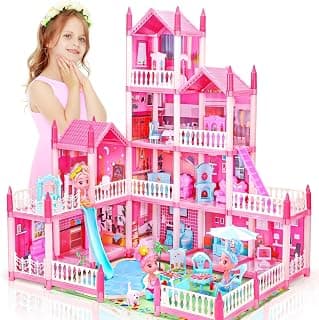 Dollhouse with 4-Story 11 Rooms, Dream Gift Princess Doll House Playset with Furniture Pool Slide, Pink Toddler Toy House for 3 4 5 6 7 8 9 * 10* Year Old Girls (11 Room Doll House)
