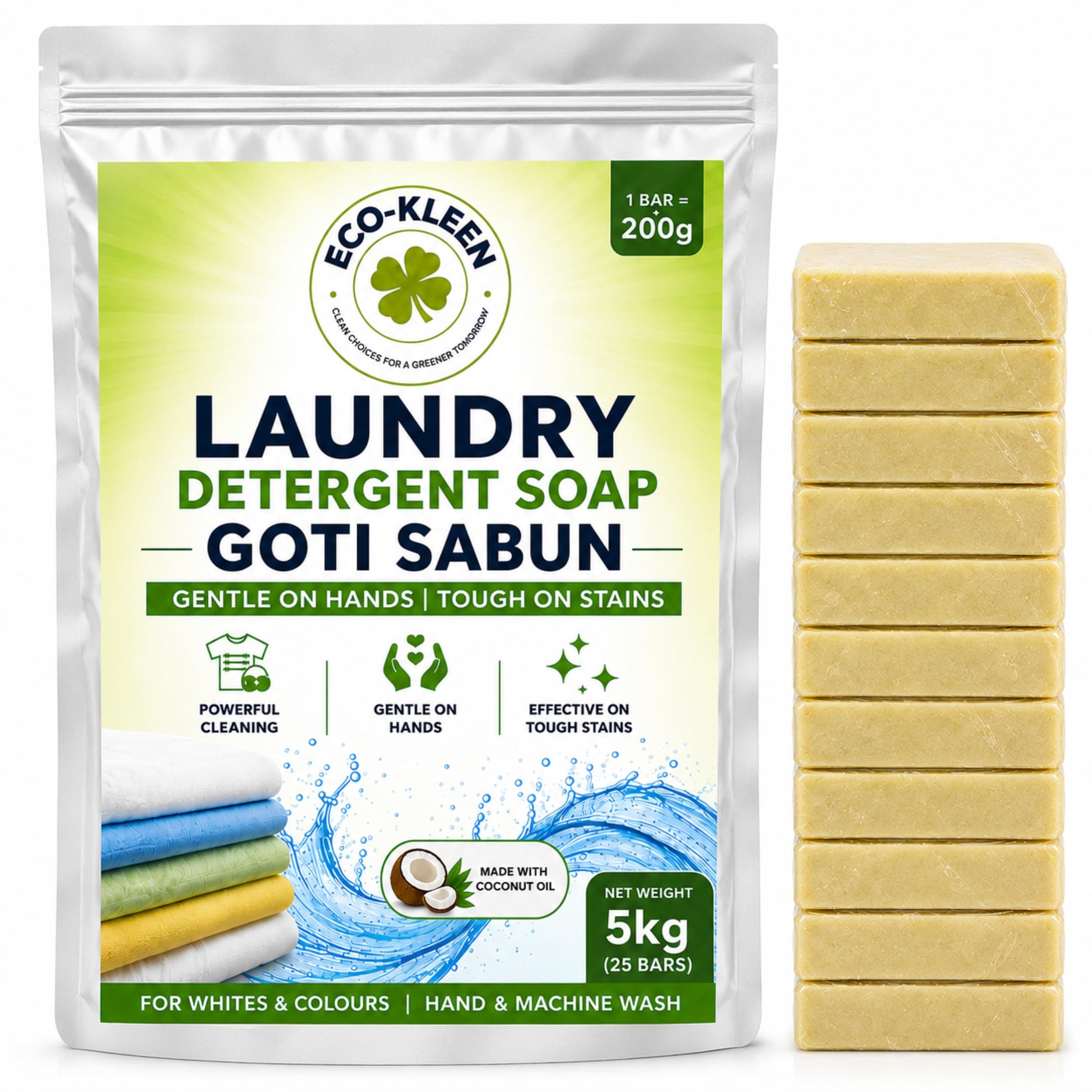 ECO-KLEEN 5Kg (25 Bars x 200g) Goti Sabun Laundry Detergent Soap Bar for Clothes Washing