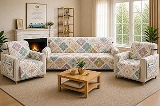 Printed Quilted Sofa Mat for 5 Seater (3+1+1) – Floral Design Slipcover with Armrest, Pockets on Both Sides, Fully Covered Sofa Protector - Multicolor